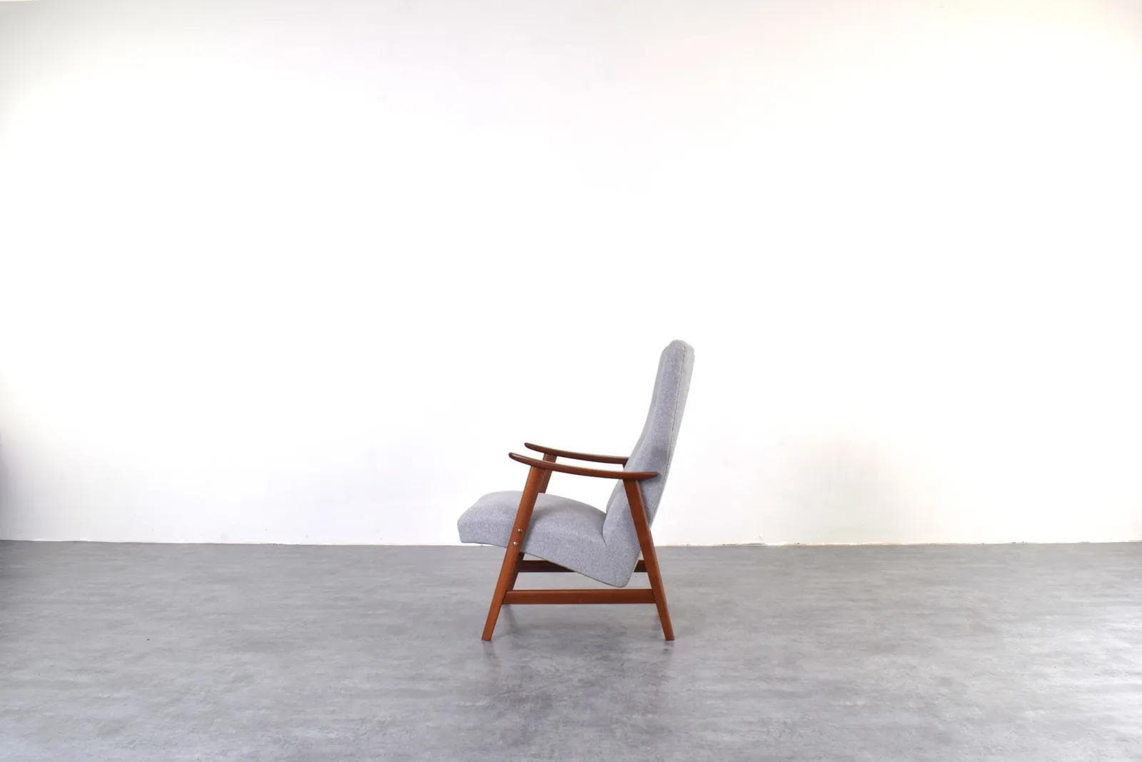 Armchair, brown teak, grey fabric, Denmark, 1960s. - 316330