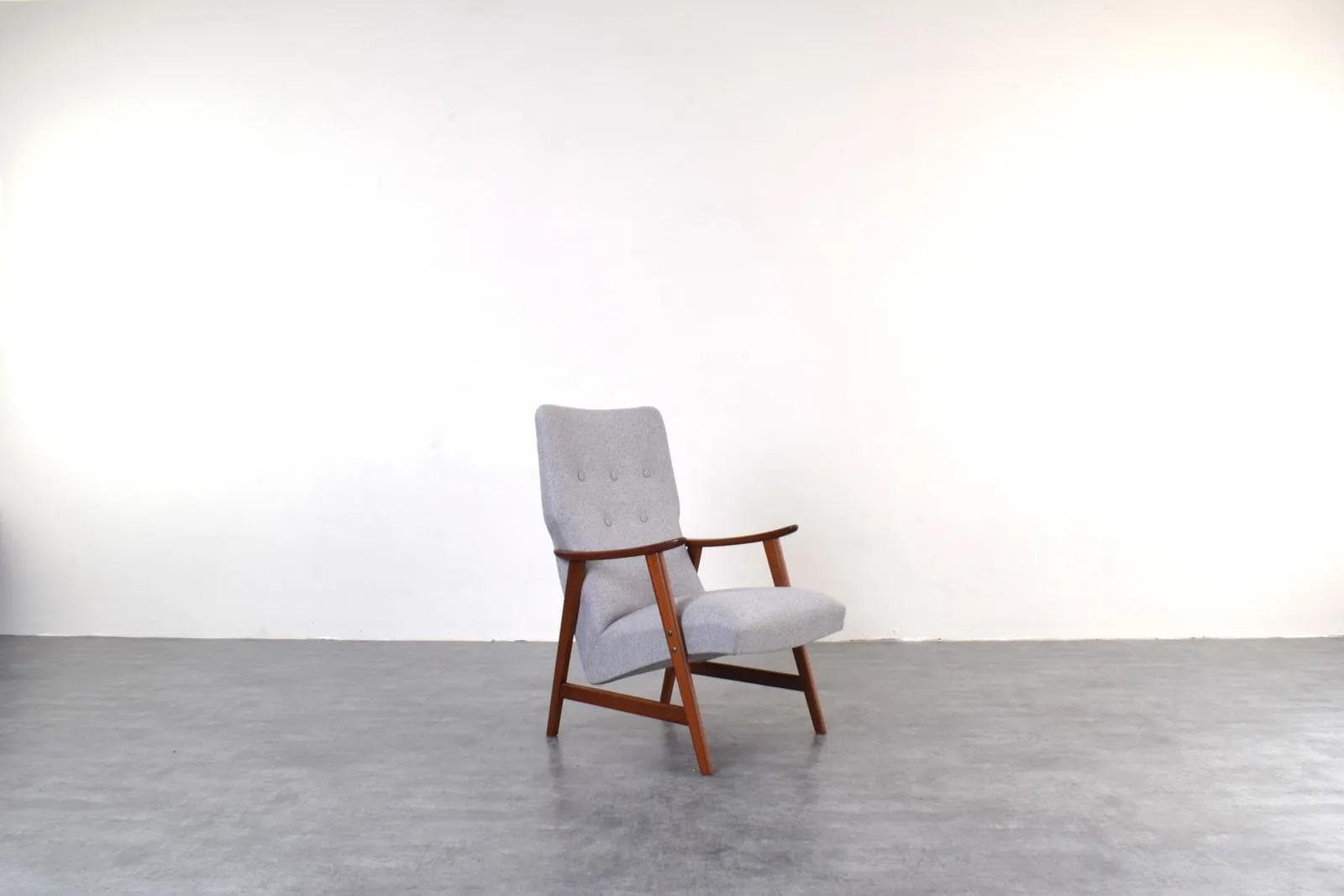 Armchair, brown teak, grey fabric, Denmark, 1960s. - 316329