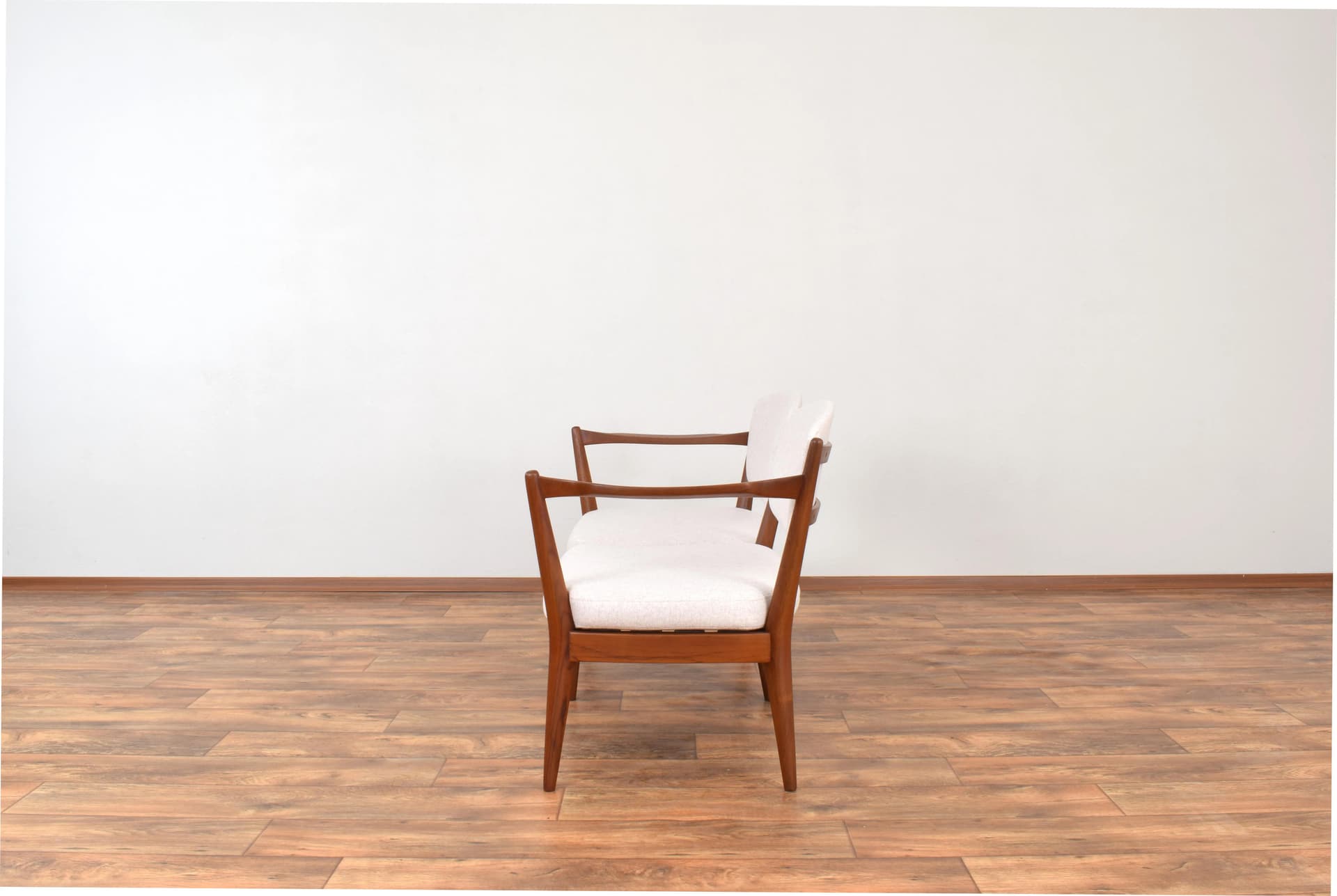 Sofa Kaminstolen, beige wool, brown teak, by F. Kayser, A. Relling, Arnestad Bruk, Norway, 1950s. - 316314