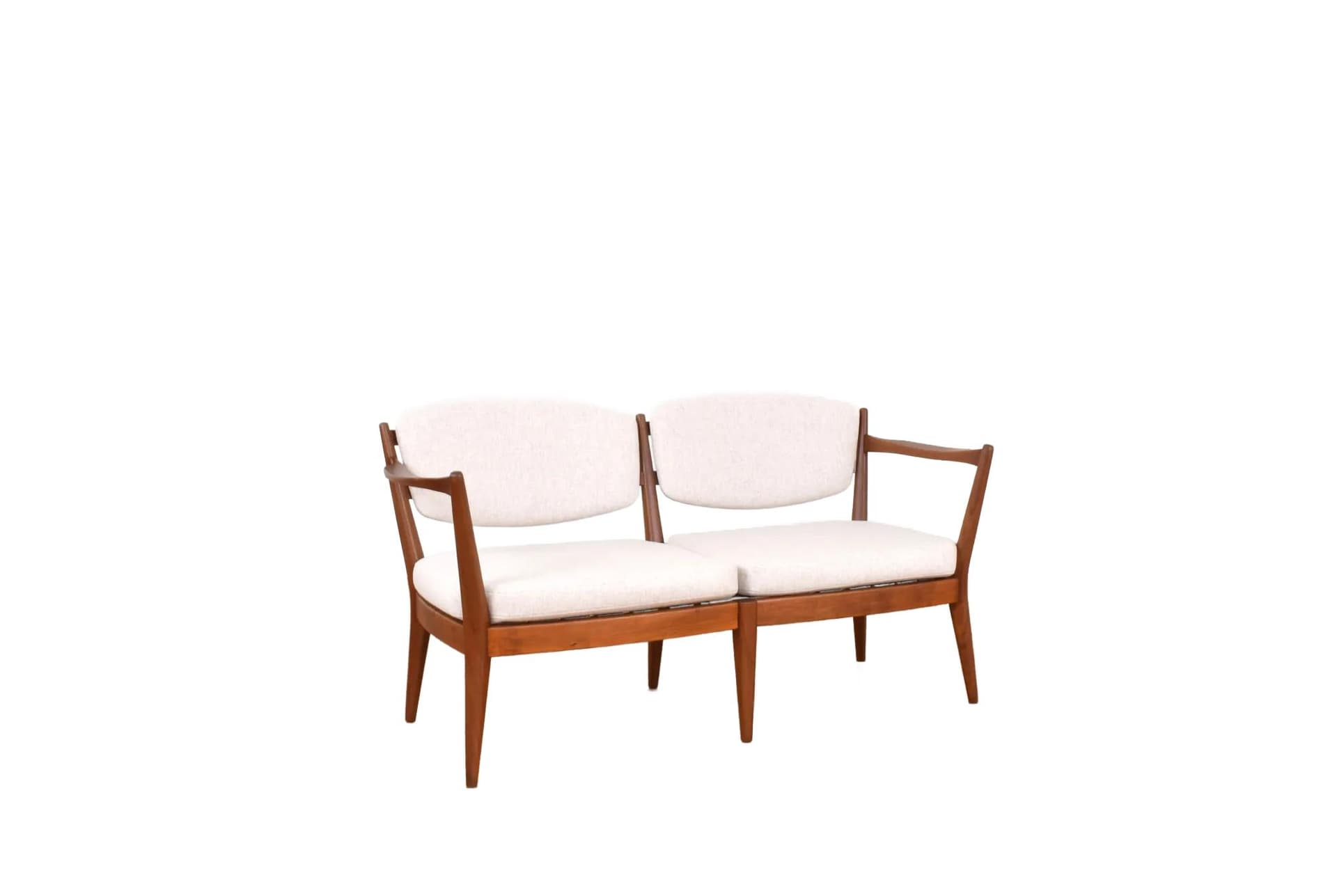 Sofa Kaminstolen, beige wool, brown teak, by F. Kayser, A. Relling, Arnestad Bruk, Norway, 1950s.