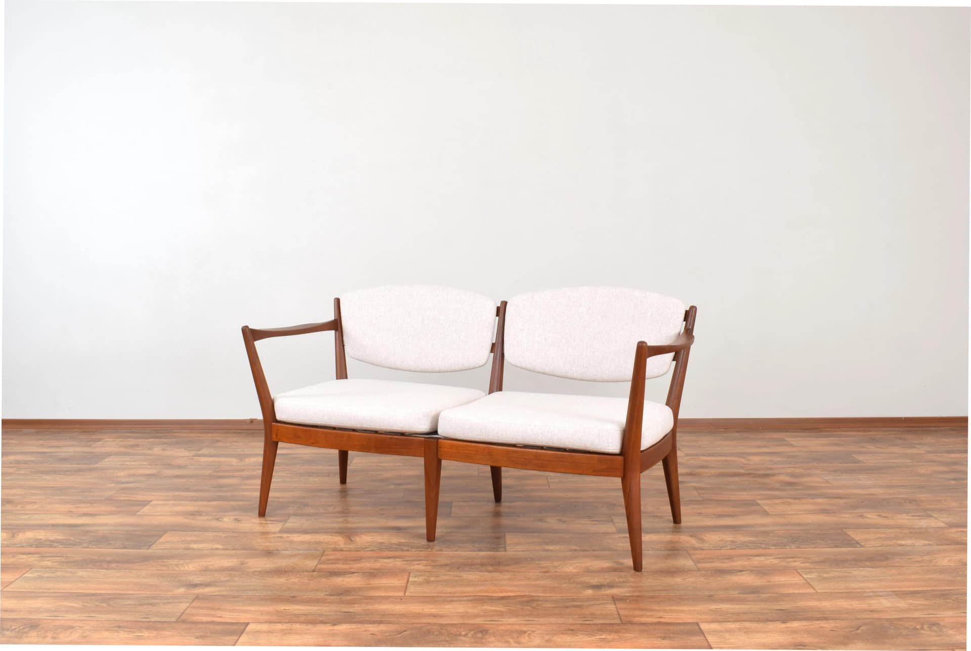 Sofa Kaminstolen, beige wool, brown teak, by F. Kayser, A. Relling, Arnestad Bruk, Norway, 1950s. - 316308