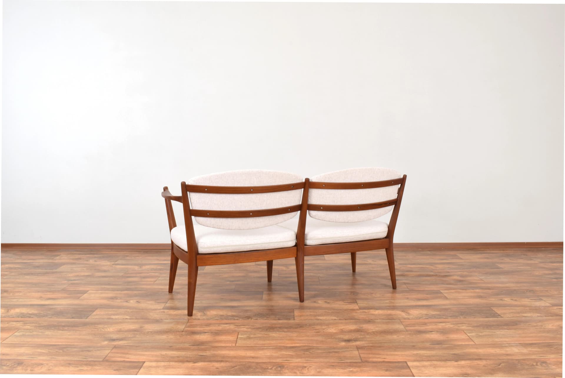 Sofa Kaminstolen, beige wool, brown teak, by F. Kayser, A. Relling, Arnestad Bruk, Norway, 1950s. - 316313