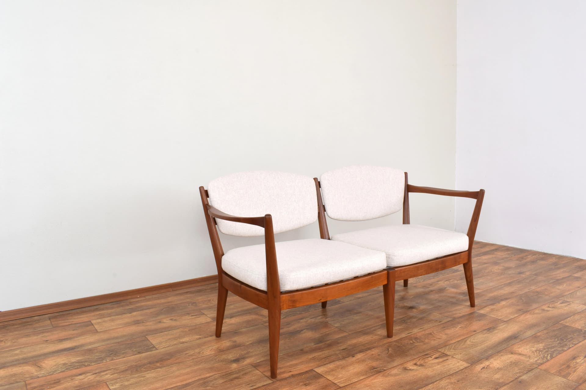 Sofa Kaminstolen, beige wool, brown teak, by F. Kayser, A. Relling, Arnestad Bruk, Norway, 1950s. - 316316