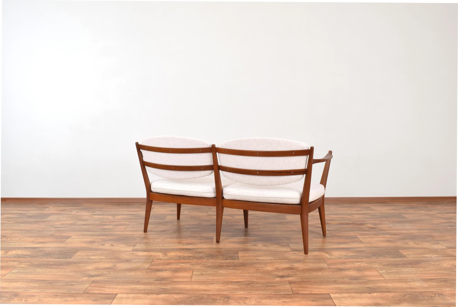 Sofa Kaminstolen, beige wool, brown teak, by F. Kayser, A. Relling, Arnestad Bruk, Norway, 1950s. - 316311