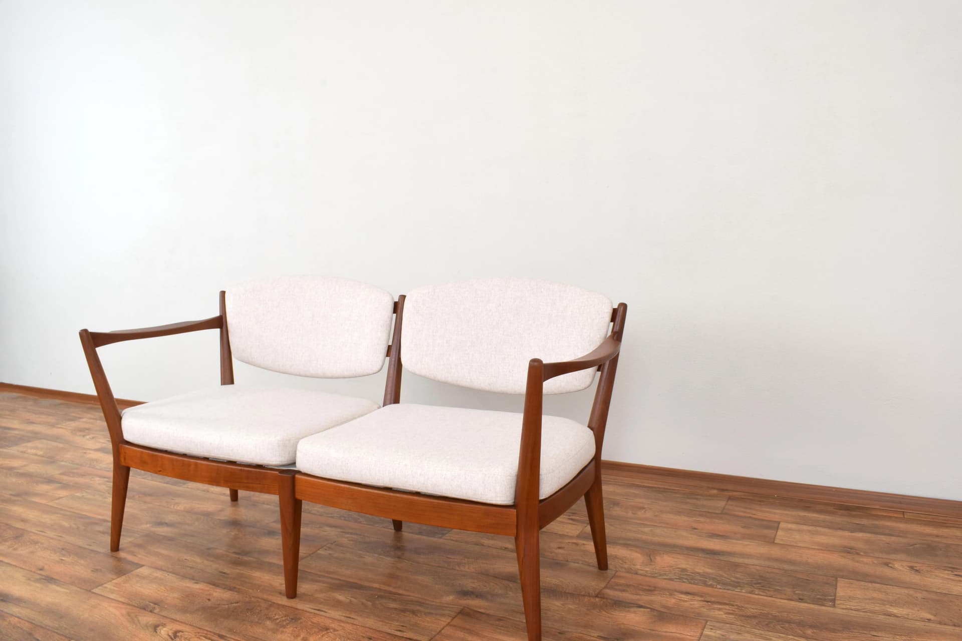 Sofa Kaminstolen, beige wool, brown teak, by F. Kayser, A. Relling, Arnestad Bruk, Norway, 1950s. - 316317