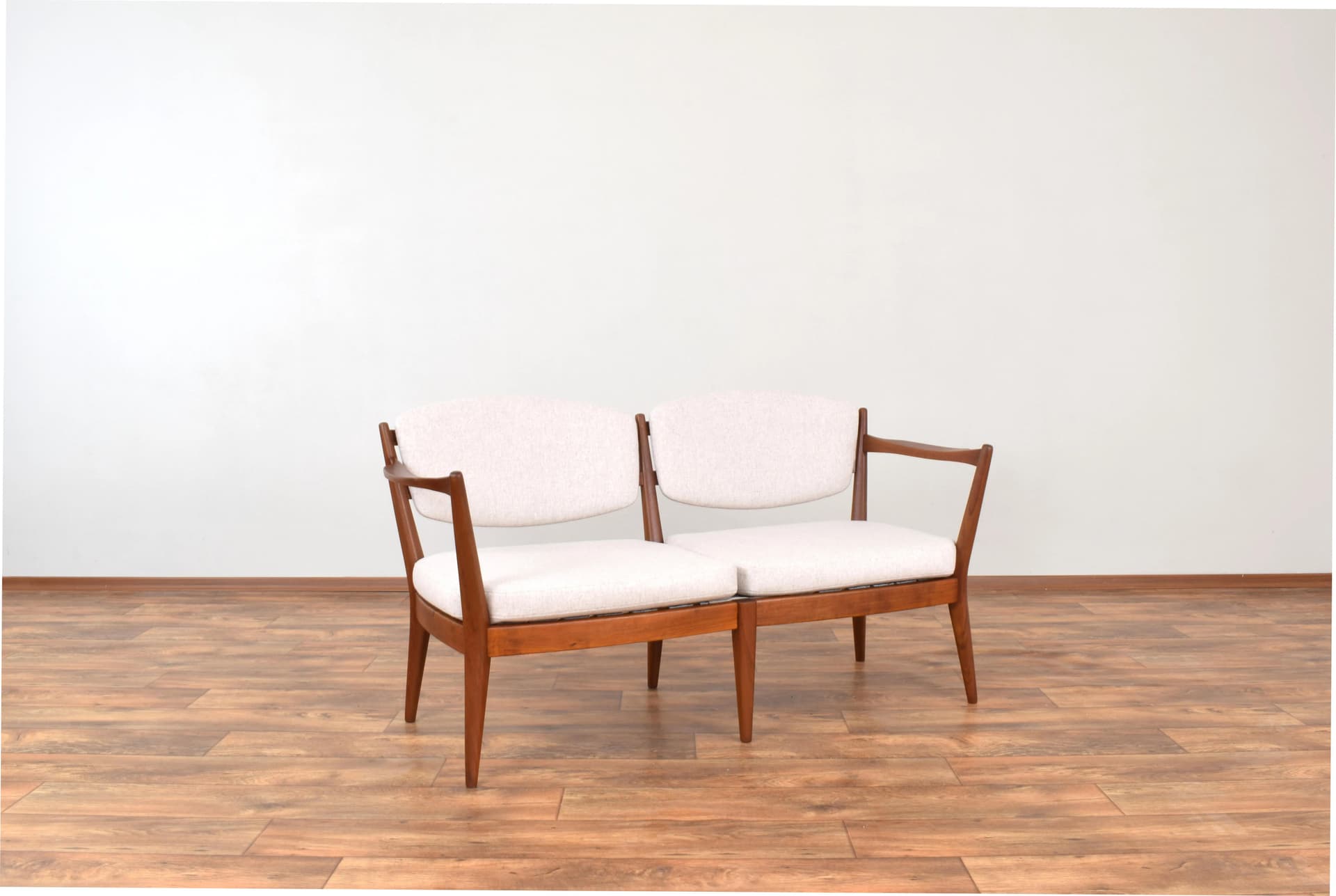 Sofa Kaminstolen, beige wool, brown teak, by F. Kayser, A. Relling, Arnestad Bruk, Norway, 1950s. - 316309