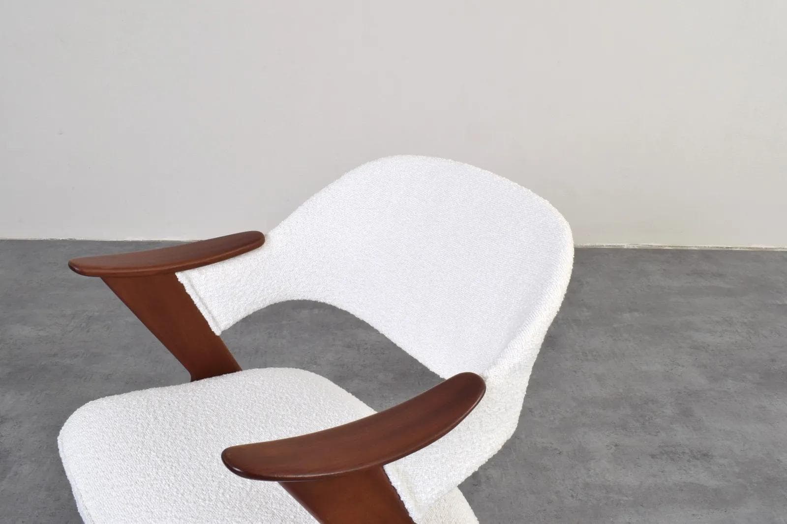 Armchair Blinken, white bouclé, brown teak, by S. Resell, Norway, 1950s - 316264