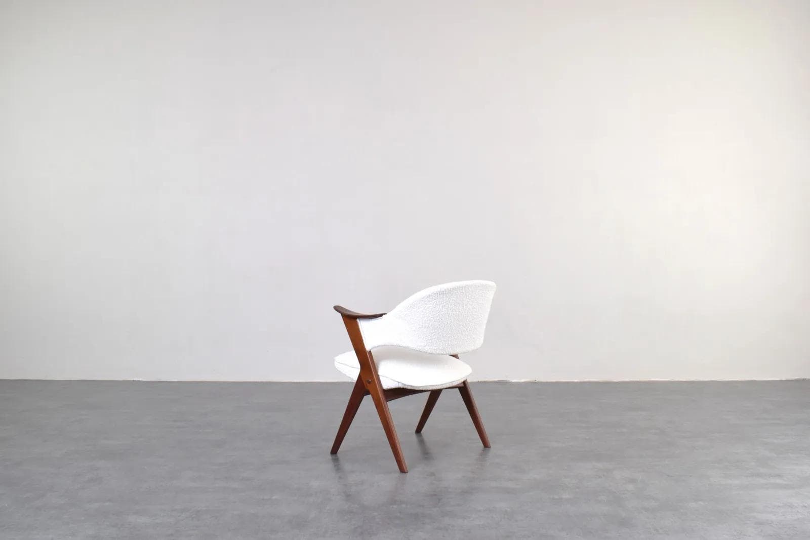 Armchair Blinken, white bouclé, brown teak, by S. Resell, Norway, 1950s - 316272