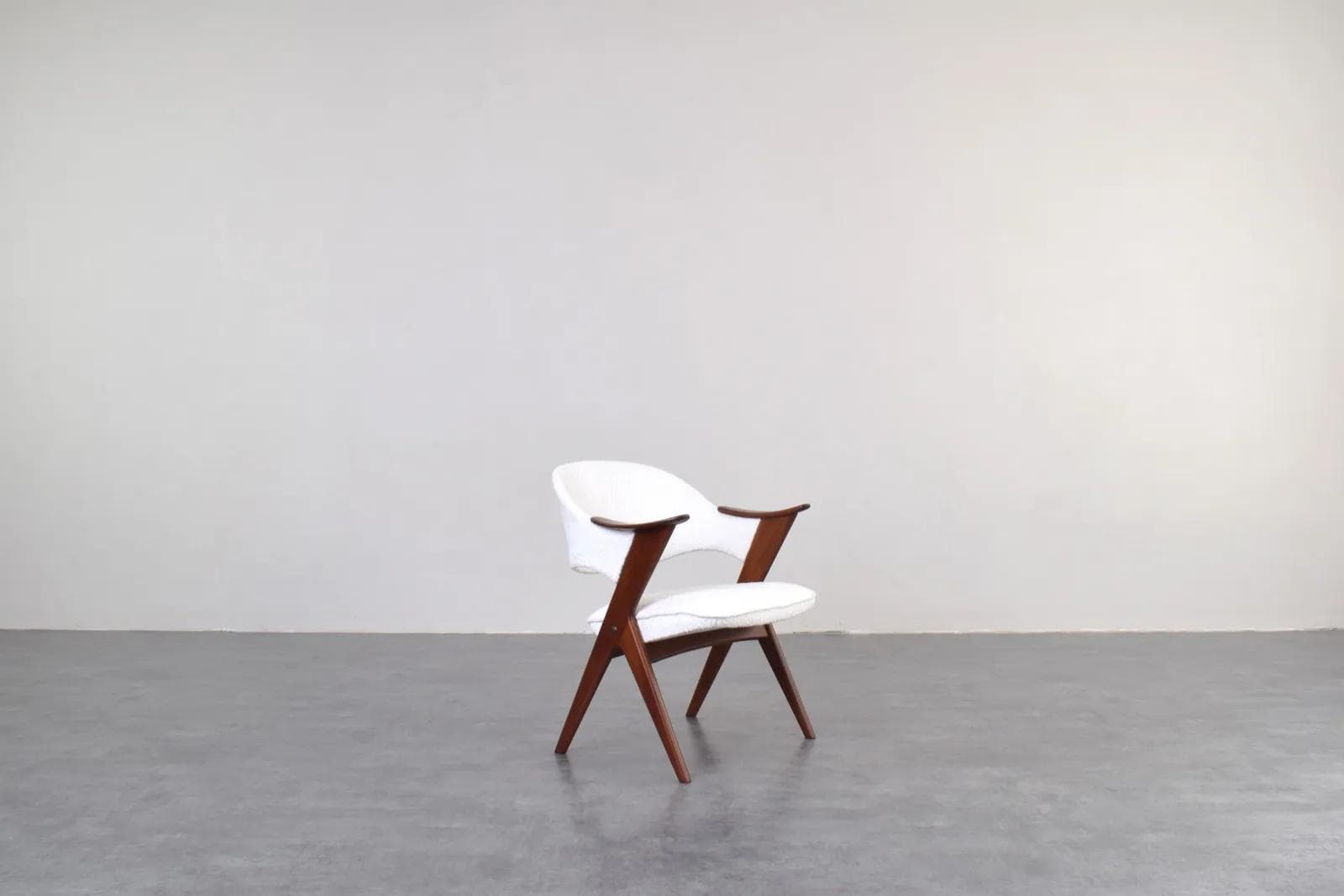Armchair Blinken, white bouclé, brown teak, by S. Resell, Norway, 1950s - 316265