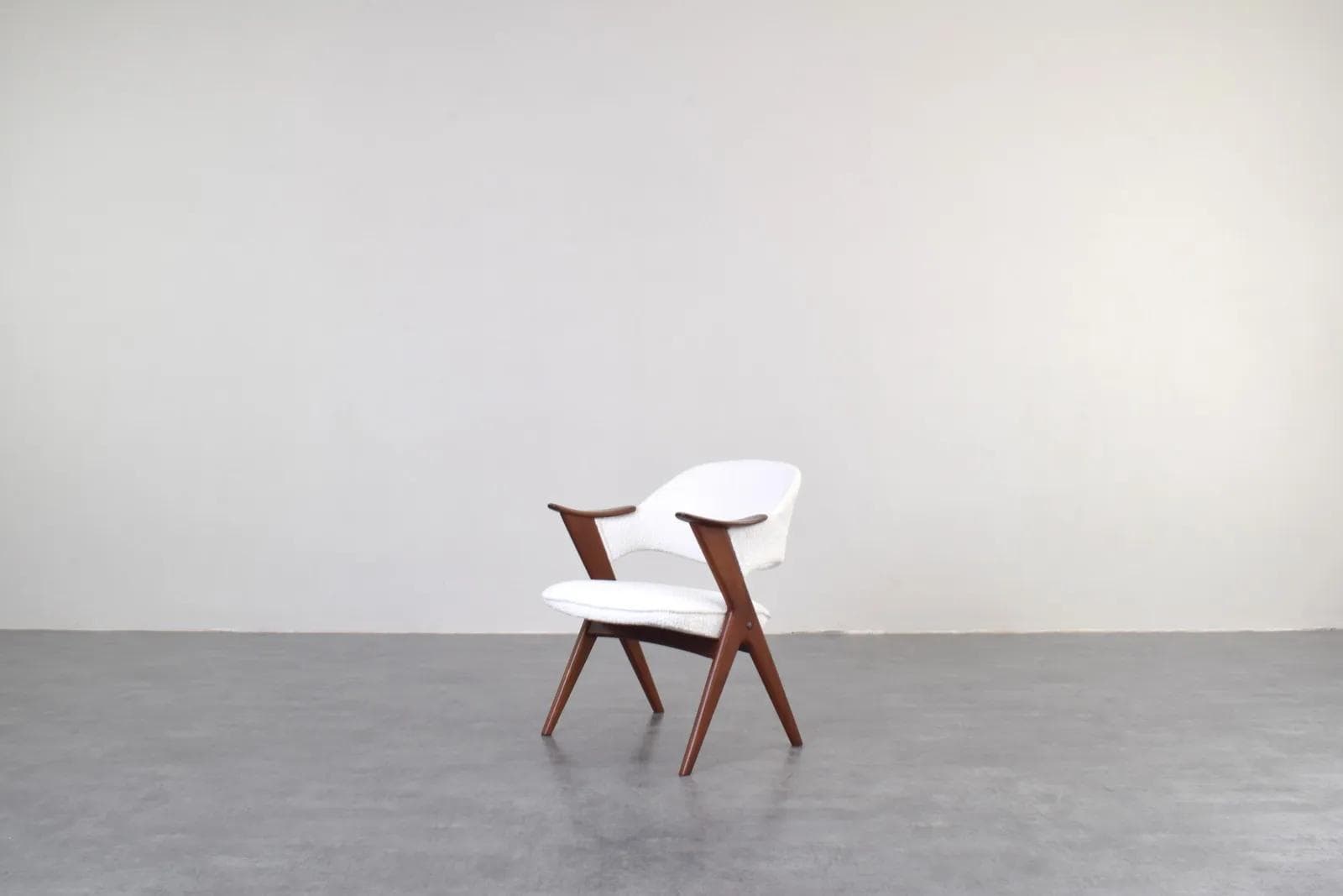 Armchair Blinken, white bouclé, brown teak, by S. Resell, Norway, 1950s - 316273