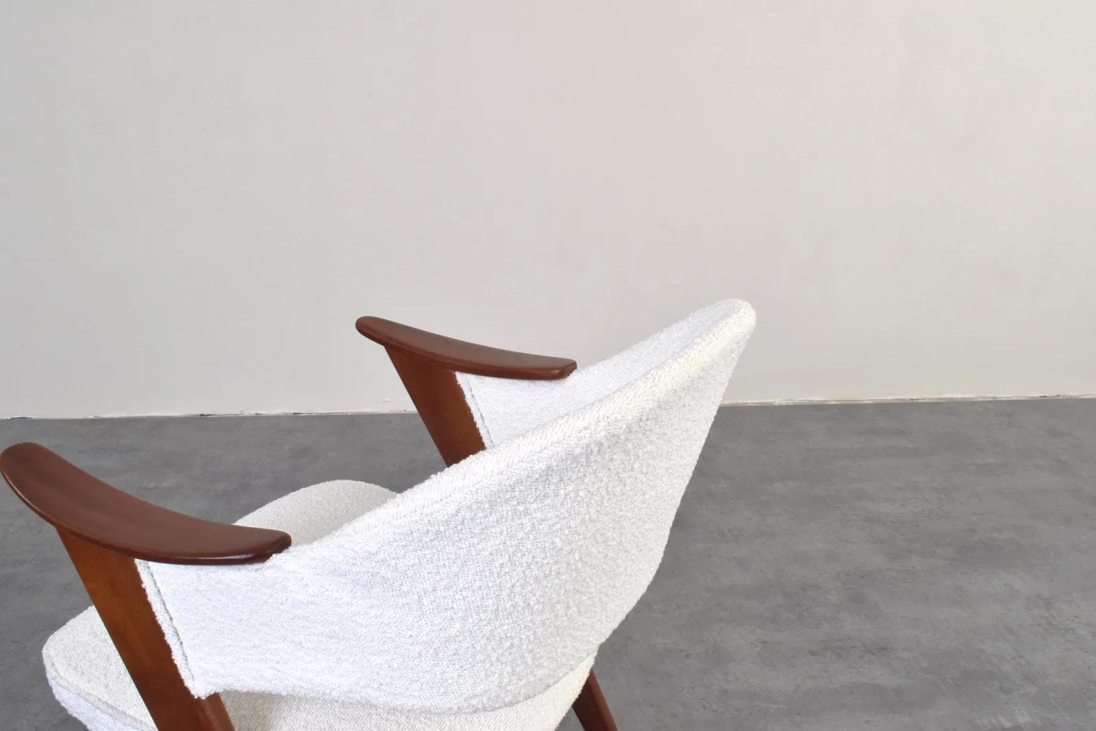 Armchair Blinken, white bouclé, brown teak, by S. Resell, Norway, 1950s - 316268