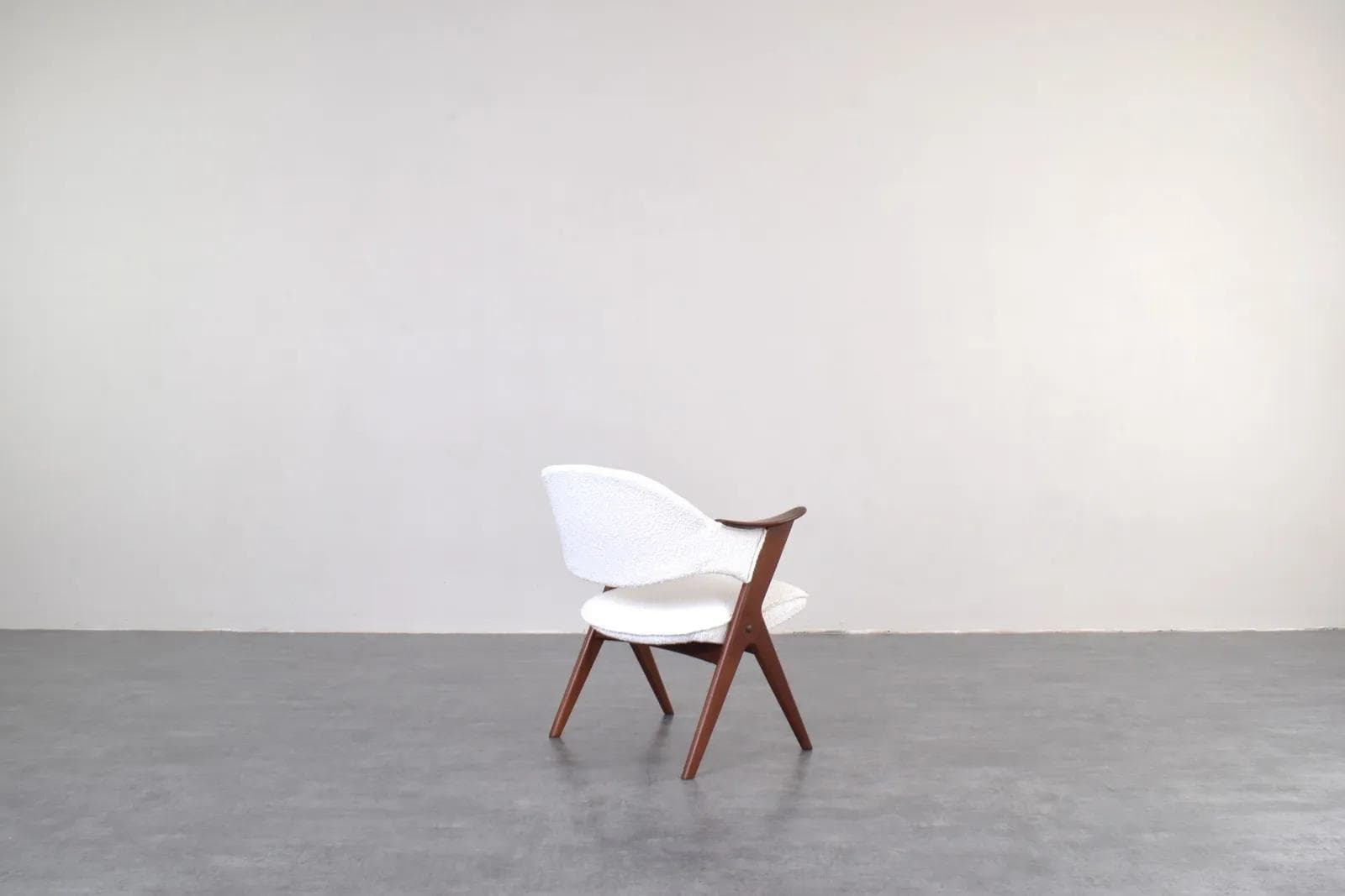 Armchair Blinken, white bouclé, brown teak, by S. Resell, Norway, 1950s - 316269