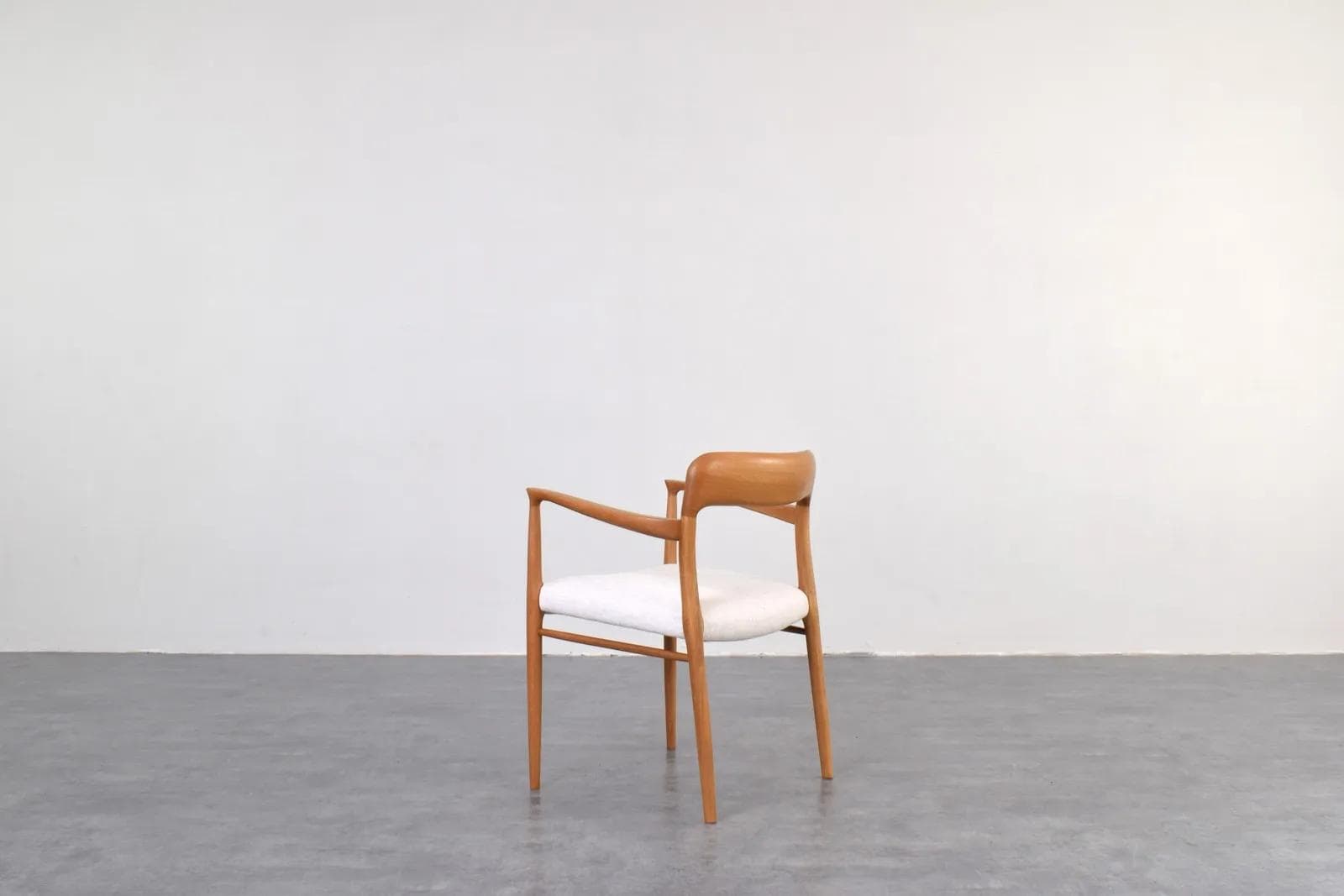 Armchair, brown oak, white fabric, by N. O. Møller, J.L. Møllers, Denmark, 1950s - 316185