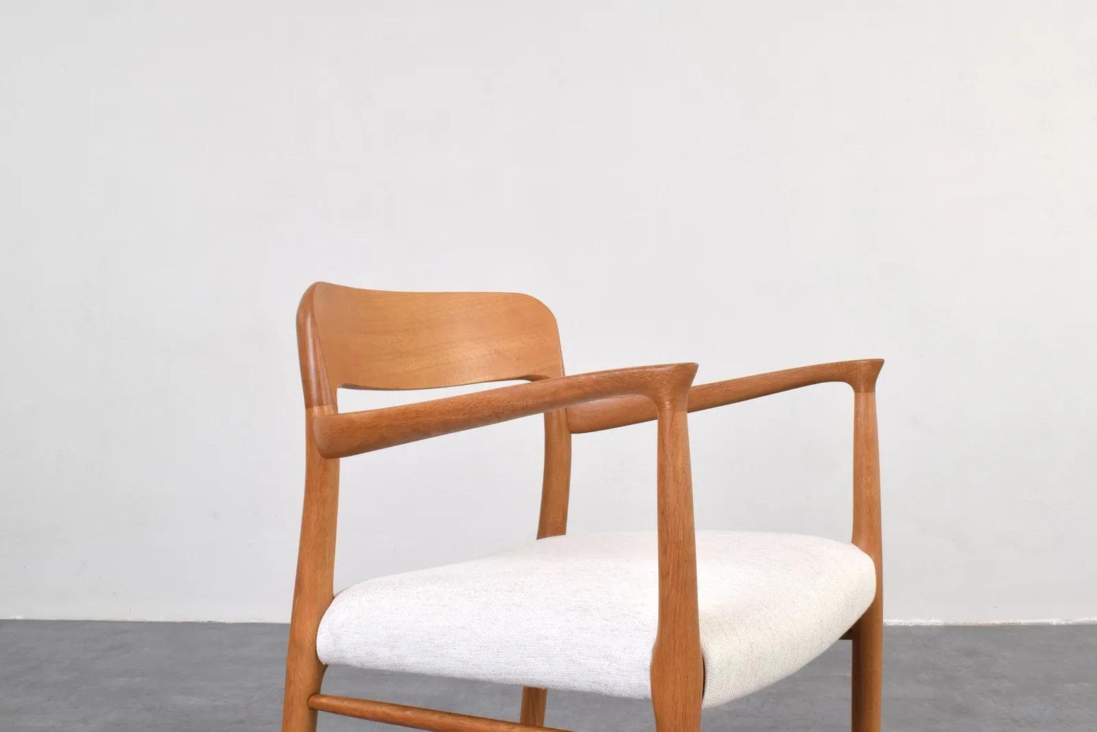 Armchair, brown oak, white fabric, by N. O. Møller, J.L. Møllers, Denmark, 1950s - 316184