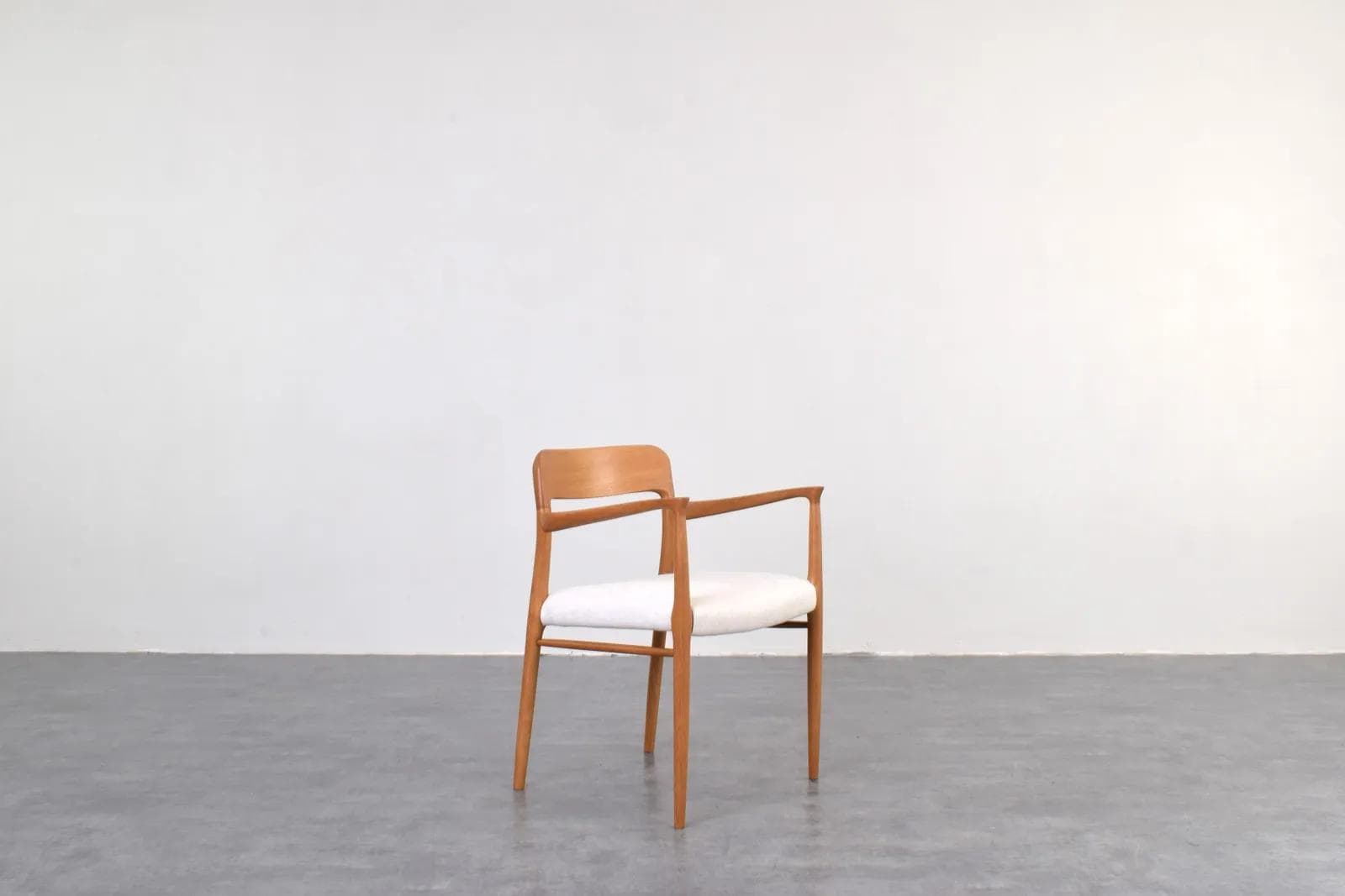 Armchair, brown oak, white fabric, by N. O. Møller, J.L. Møllers, Denmark, 1950s - 316178