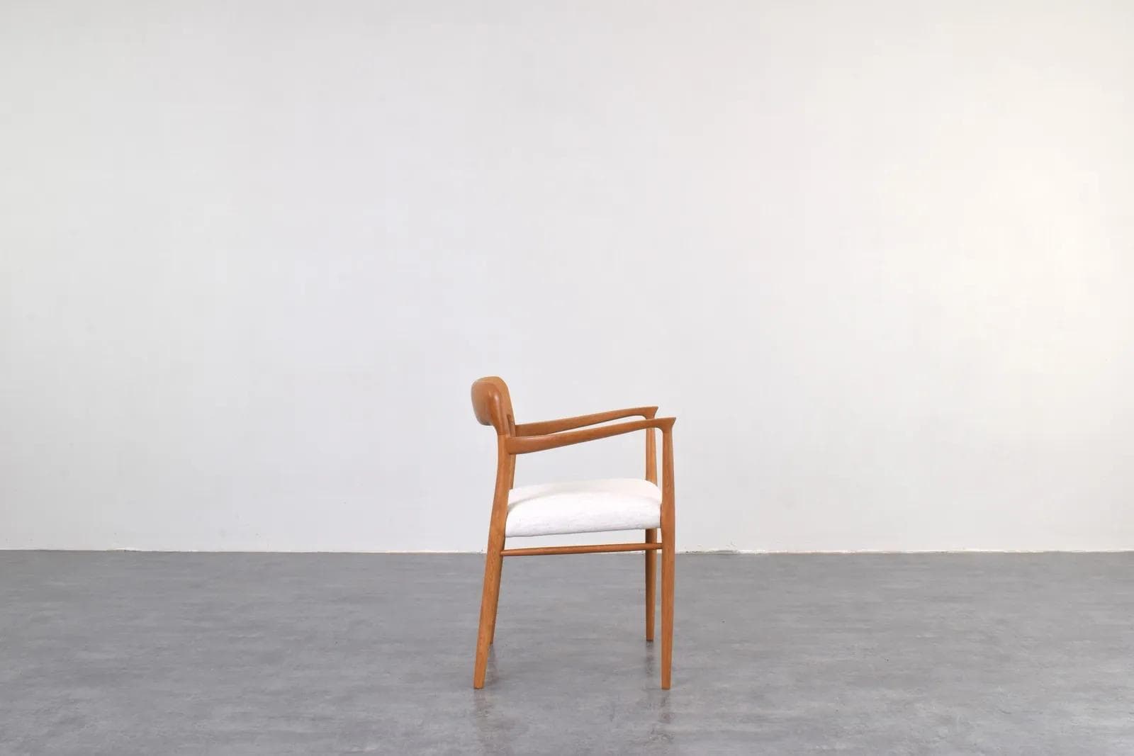 Armchair, brown oak, white fabric, by N. O. Møller, J.L. Møllers, Denmark, 1950s - 316181