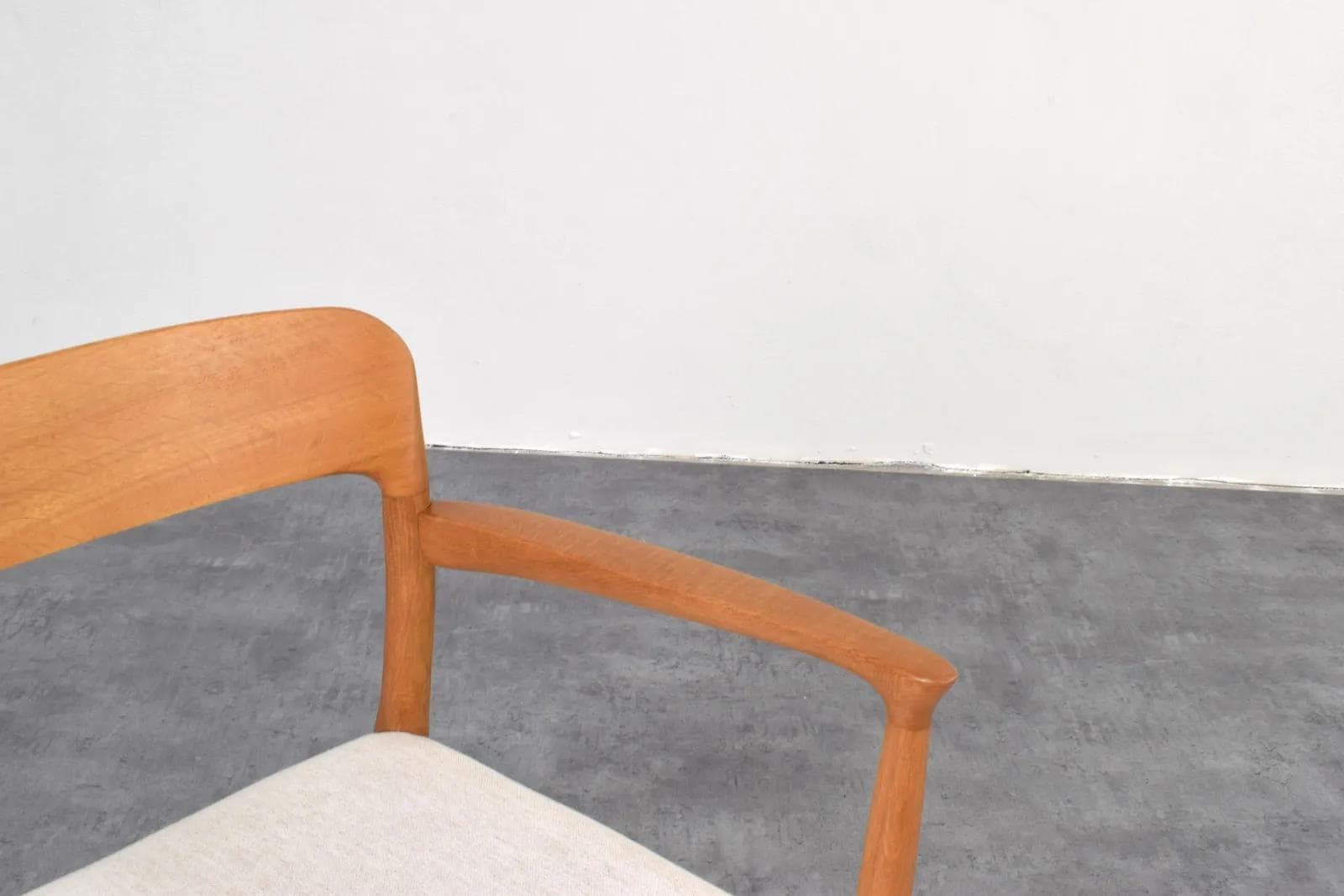 Armchair, brown oak, white fabric, by N. O. Møller, J.L. Møllers, Denmark, 1950s - 316182