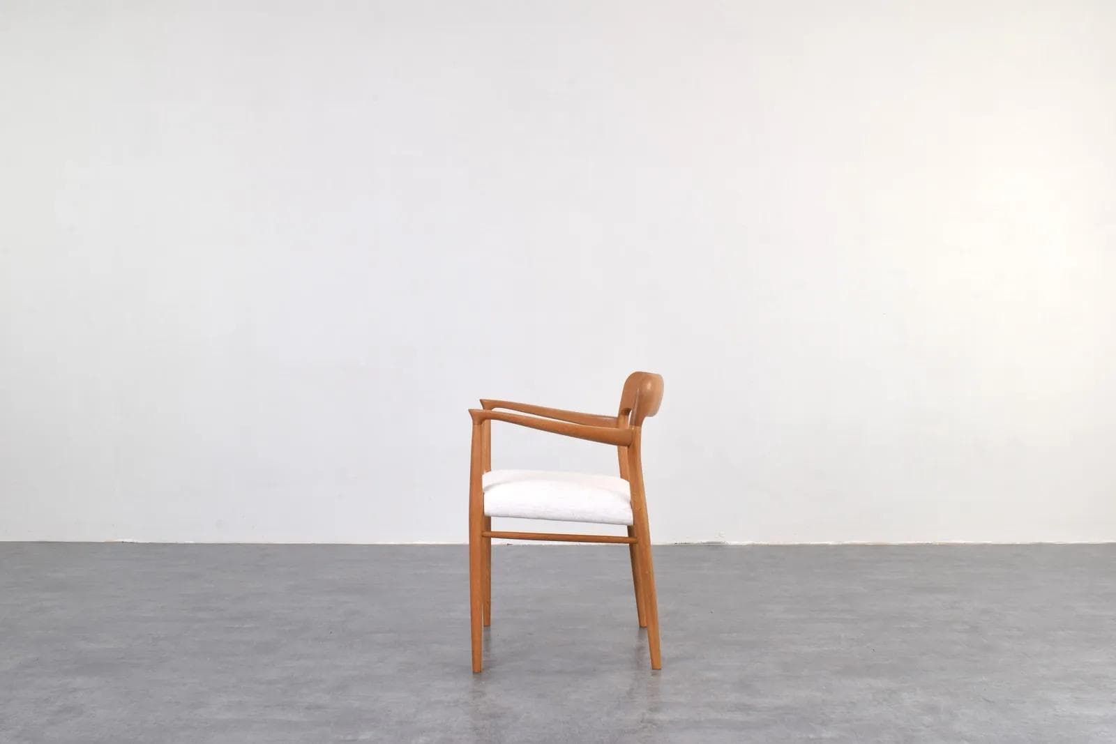 Armchair, brown oak, white fabric, by N. O. Møller, J.L. Møllers, Denmark, 1950s - 316180