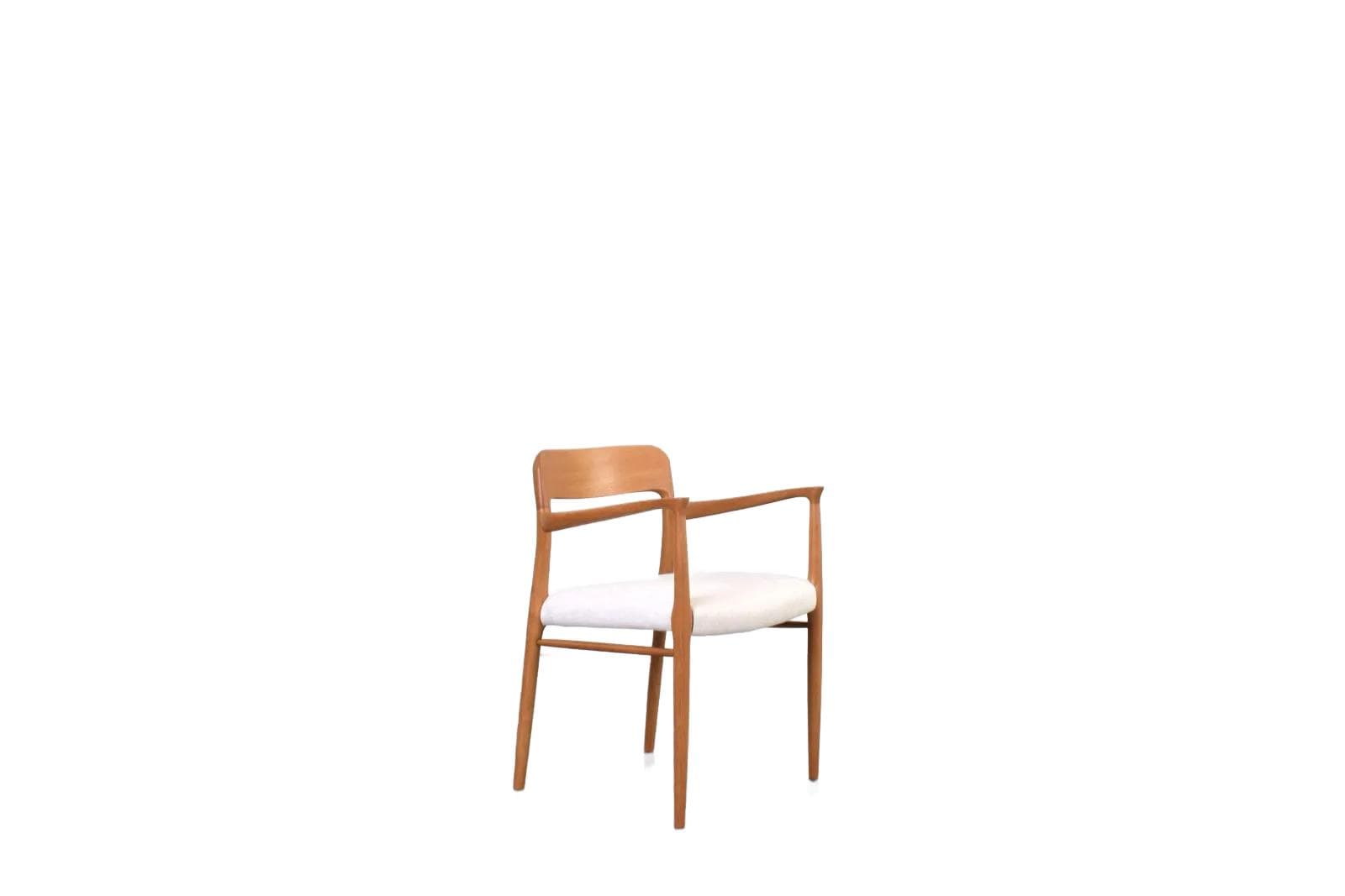 Armchair, brown oak, white fabric, by N. O. Møller, J.L. Møllers, Denmark, 1950s
