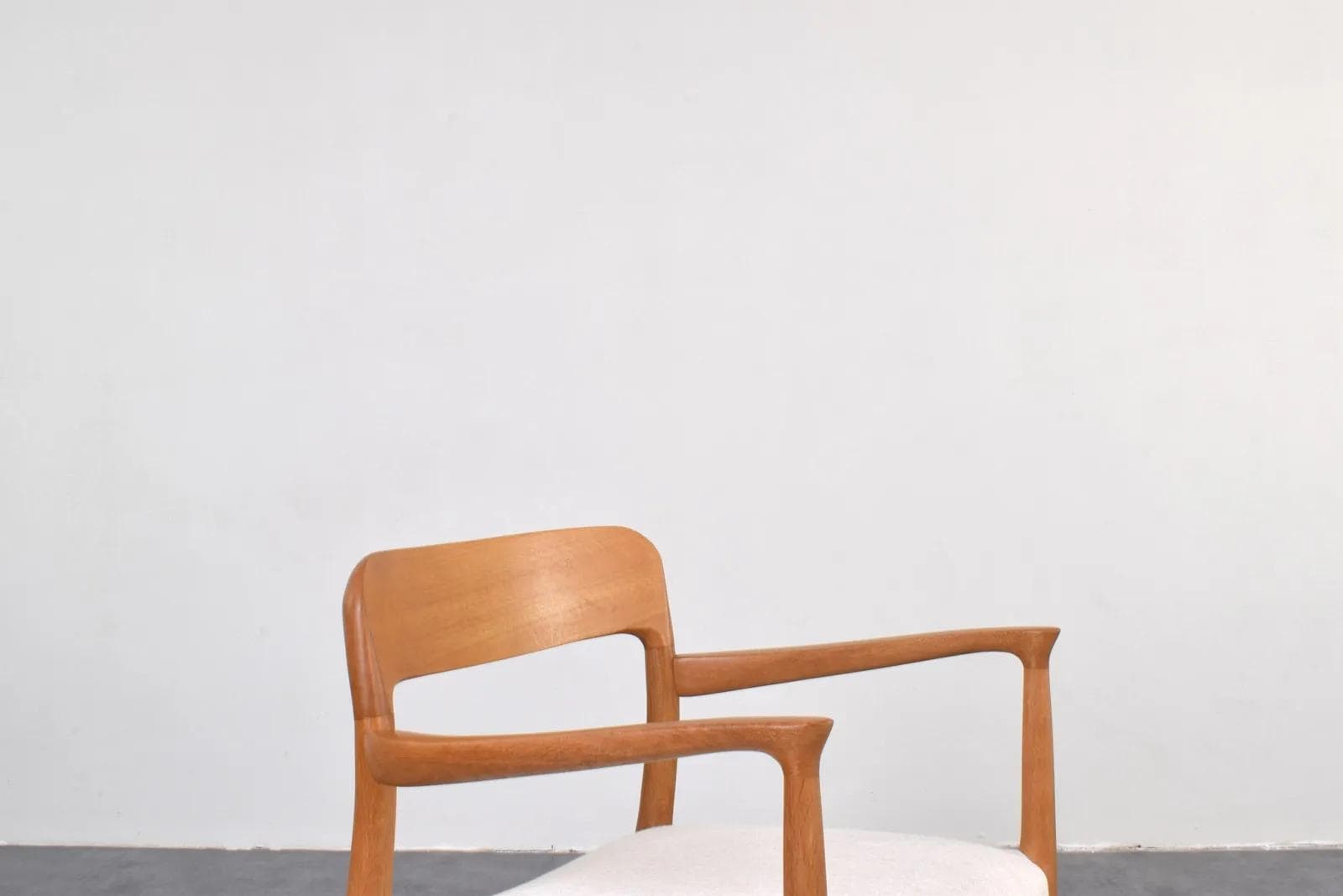 Armchair, brown oak, white fabric, by N. O. Møller, J.L. Møllers, Denmark, 1950s - 316186