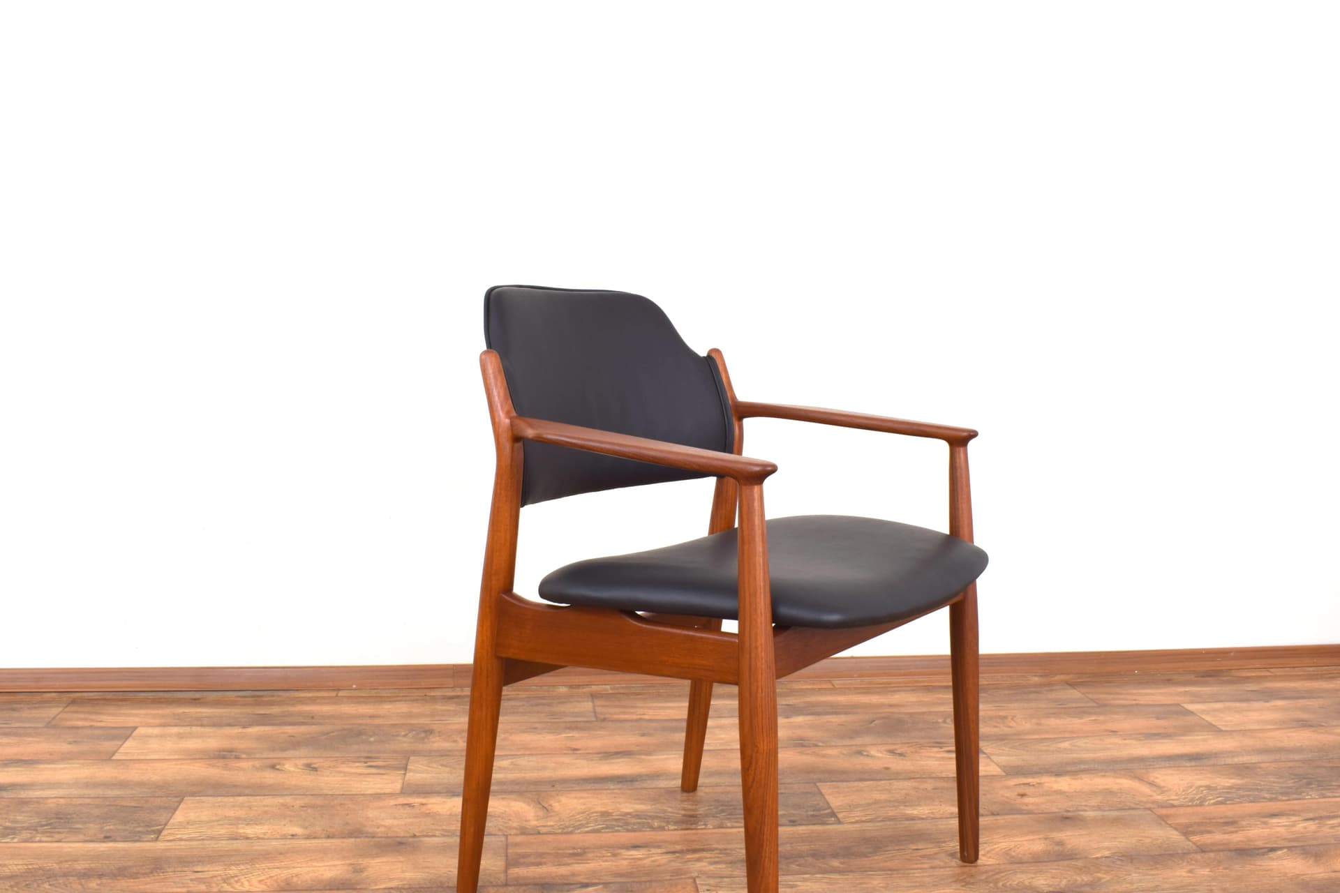 Armchair, brown teak, black leather, by A. Vodder, Sibast, Denmark, 1960s. - 316092