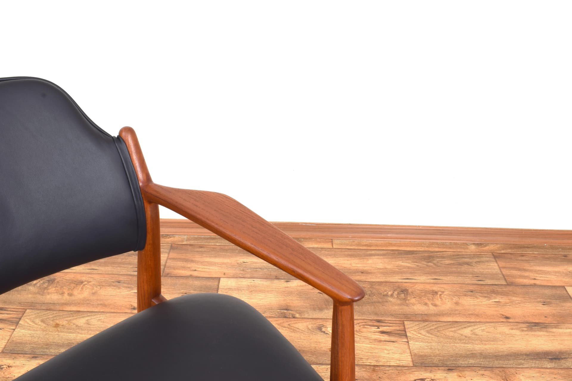Armchair, brown teak, black leather, by A. Vodder, Sibast, Denmark, 1960s. - 316093