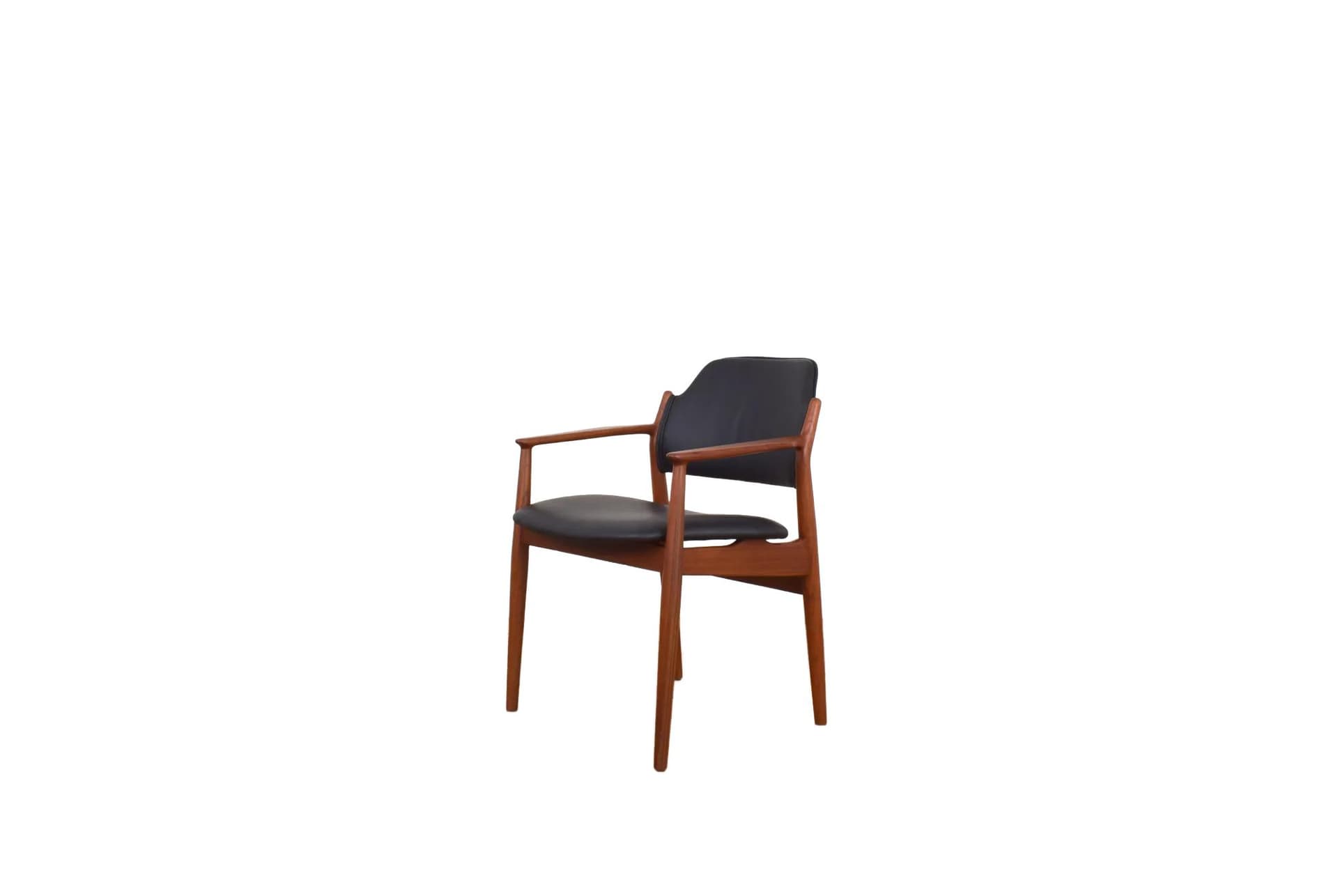 Armchair, brown teak, black leather, by A. Vodder, Sibast, Denmark, 1960s.