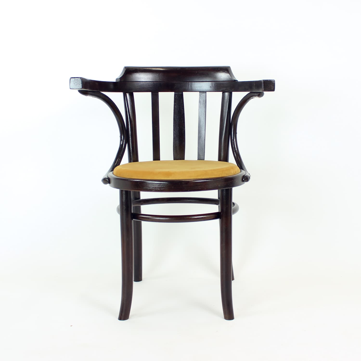 Fotel No. 24, drewno brązowy, velvet złoty, proj. M. Thonet, TON, Czechosłowacja, lata 50. - 314708