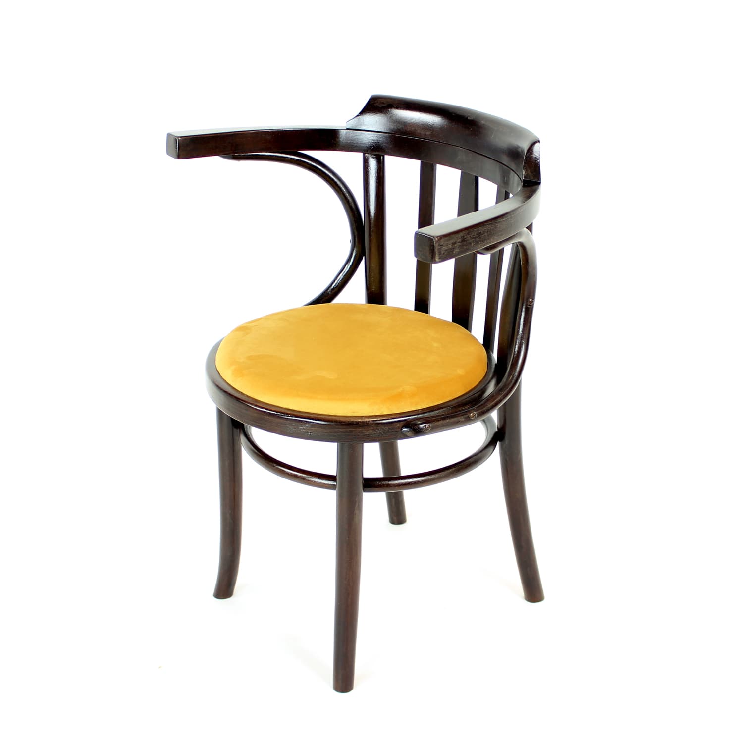 Fotel No. 24, drewno brązowy, velvet złoty, proj. M. Thonet, TON, Czechosłowacja, lata 50. - 314707