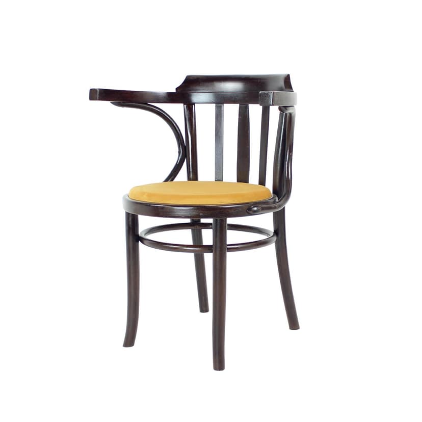 Fotel No. 24, drewno brązowy, velvet złoty, proj. M. Thonet, TON, Czechosłowacja, lata 50.