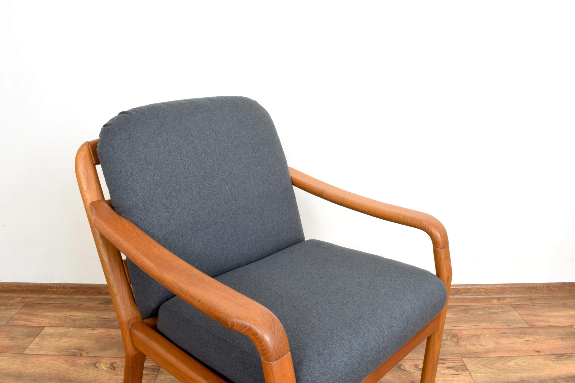 Armchair, brown teak, grey fabric, Dyrlund, Denmark, 1970s. - 316071