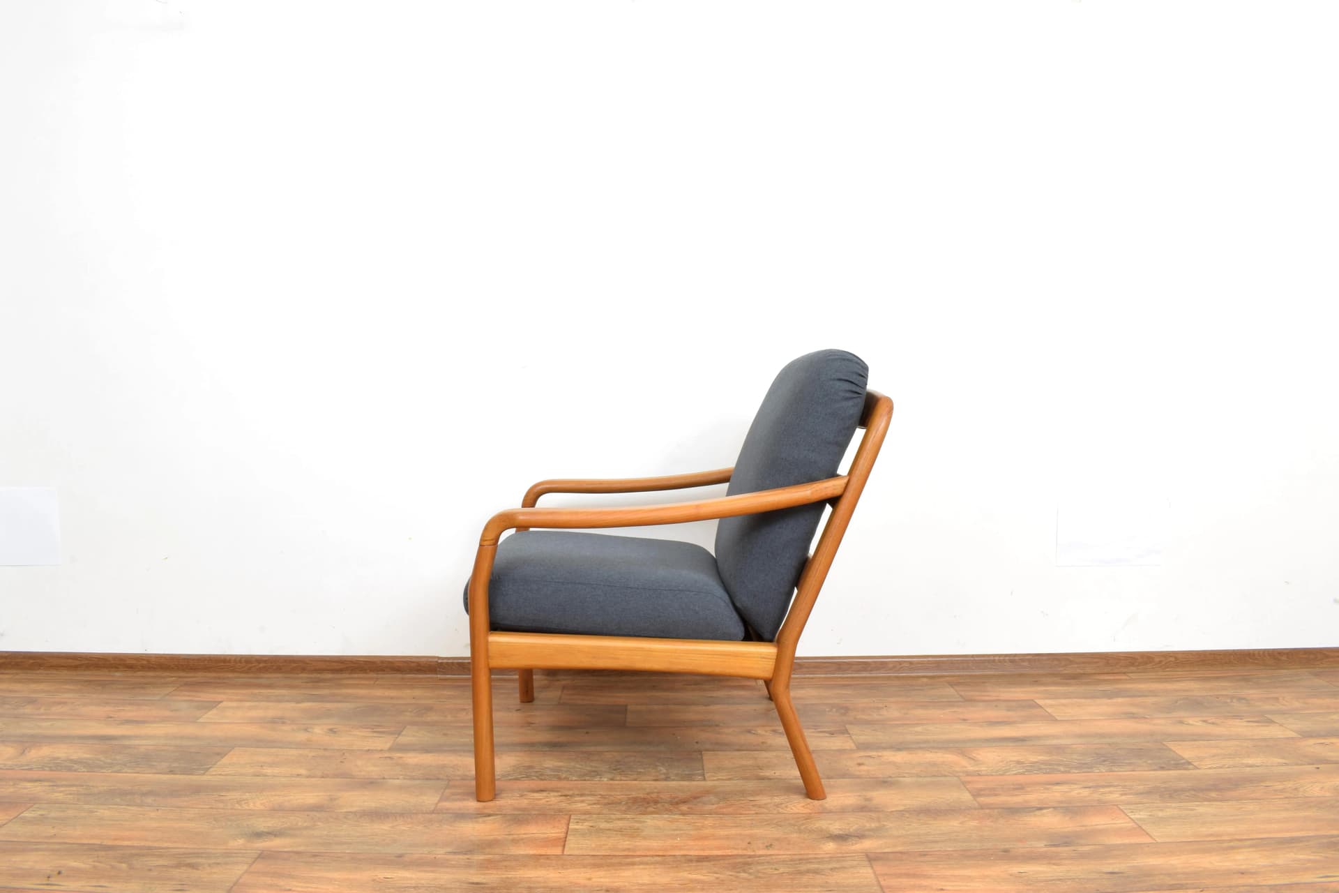 Armchair, brown teak, grey fabric, Dyrlund, Denmark, 1970s. - 316070