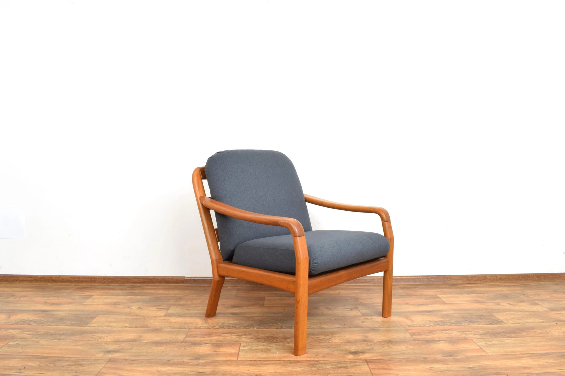 Armchair, brown teak, grey fabric, Dyrlund, Denmark, 1970s. - 316065