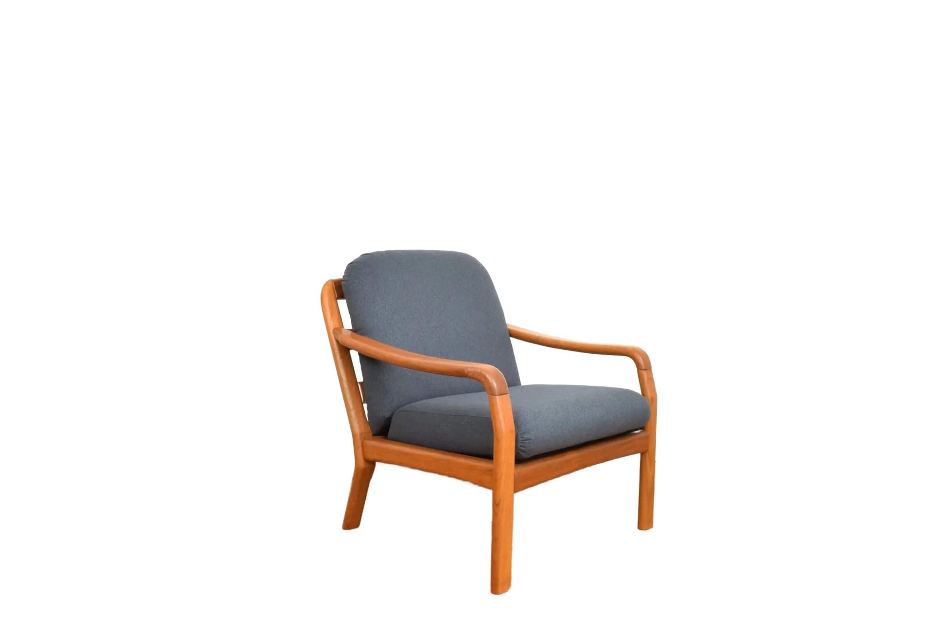 Armchair, brown teak, grey fabric, Dyrlund, Denmark, 1970s.