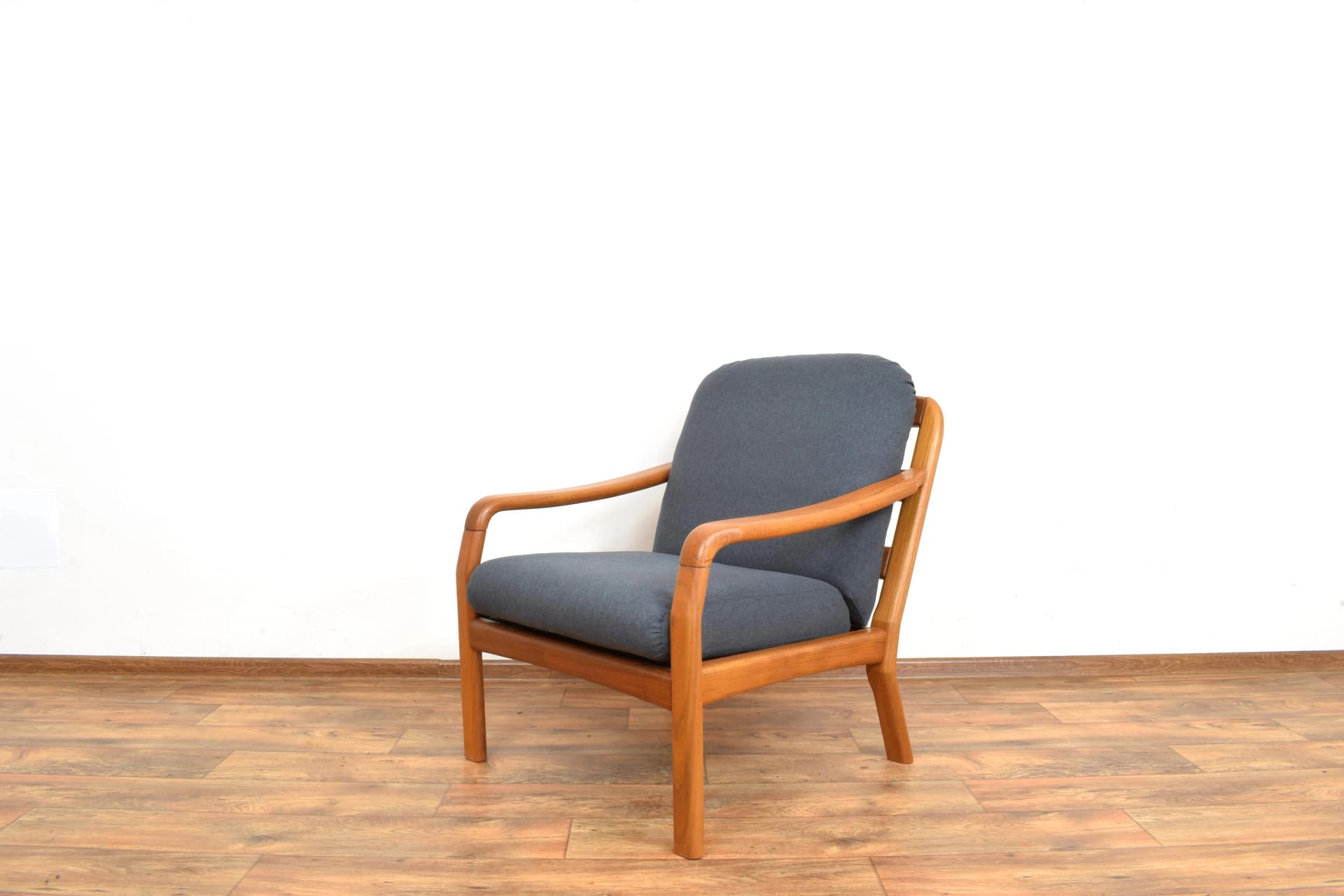 Armchair, brown teak, grey fabric, Dyrlund, Denmark, 1970s. - 316064