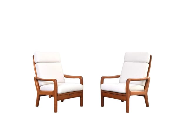 Para foteli, teak brązowy, bawełna beżowa, proj. J. Kristensen, Glostrup Møbelfabrik, Dania, lata 60. - WYMIARY