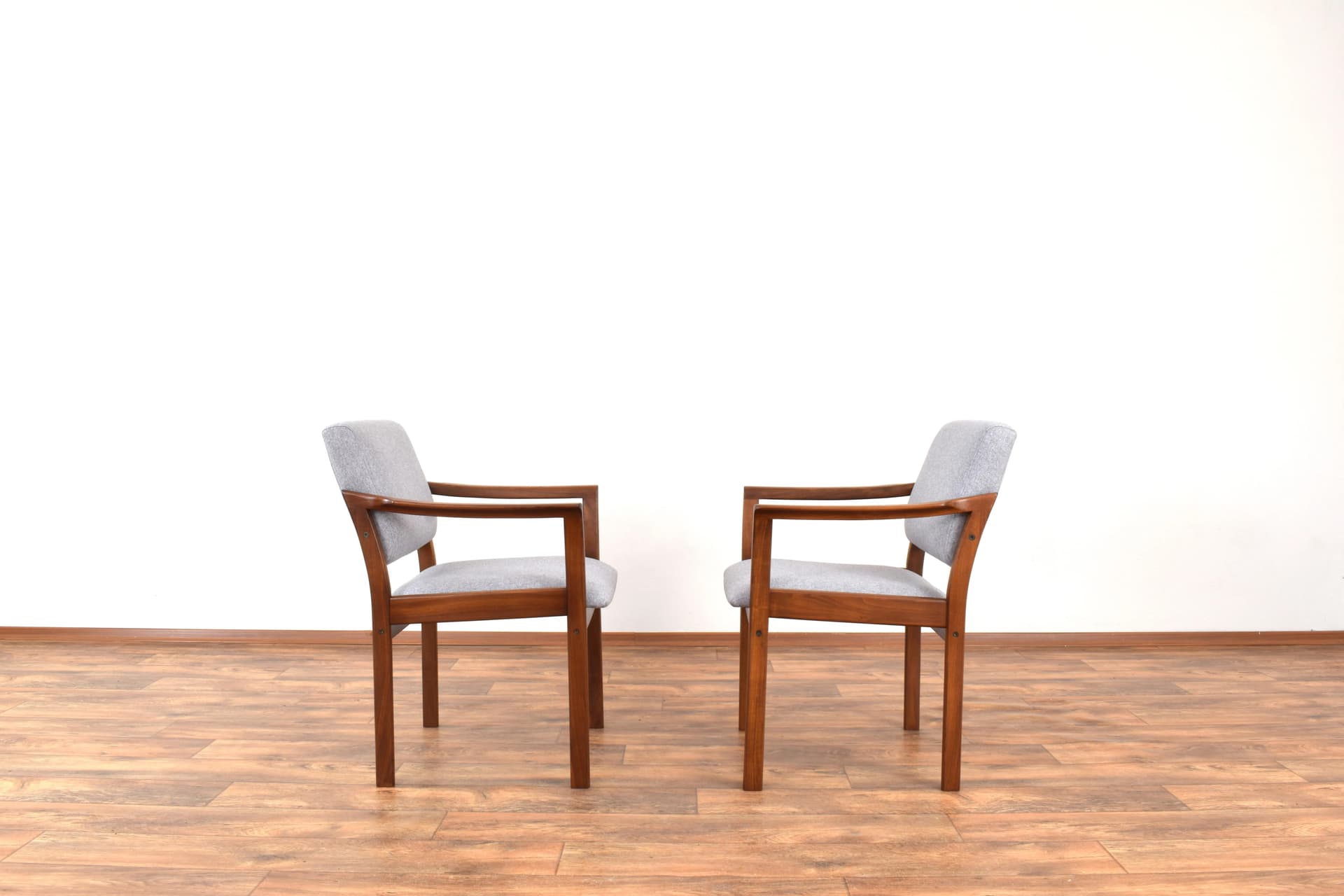 Pair of armchairs, cherry wood brown, grey fabric, Denmark, 1970s. - 315978