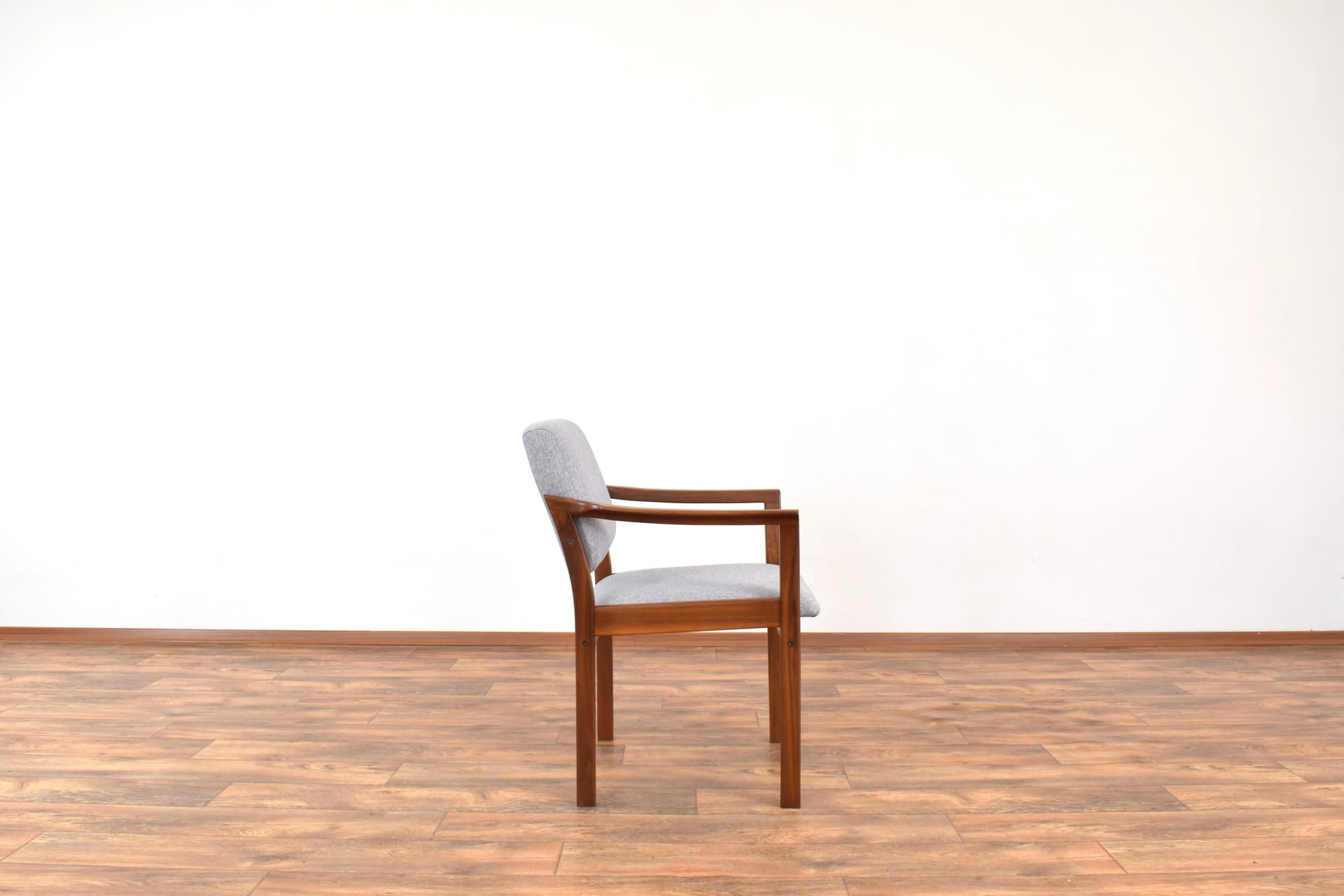 Pair of armchairs, cherry wood brown, grey fabric, Denmark, 1970s. - 315970