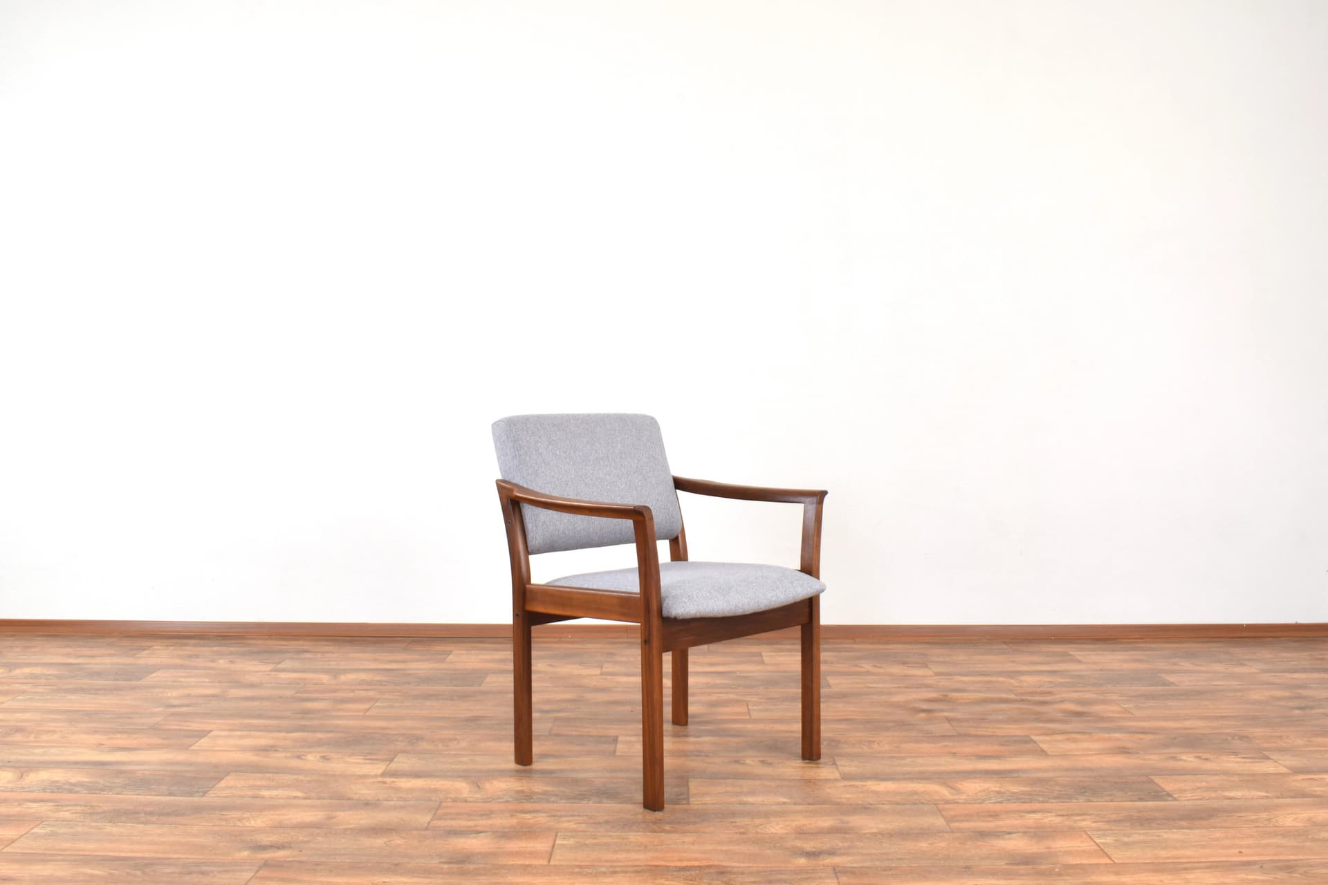 Pair of armchairs, cherry wood brown, grey fabric, Denmark, 1970s. - 315979