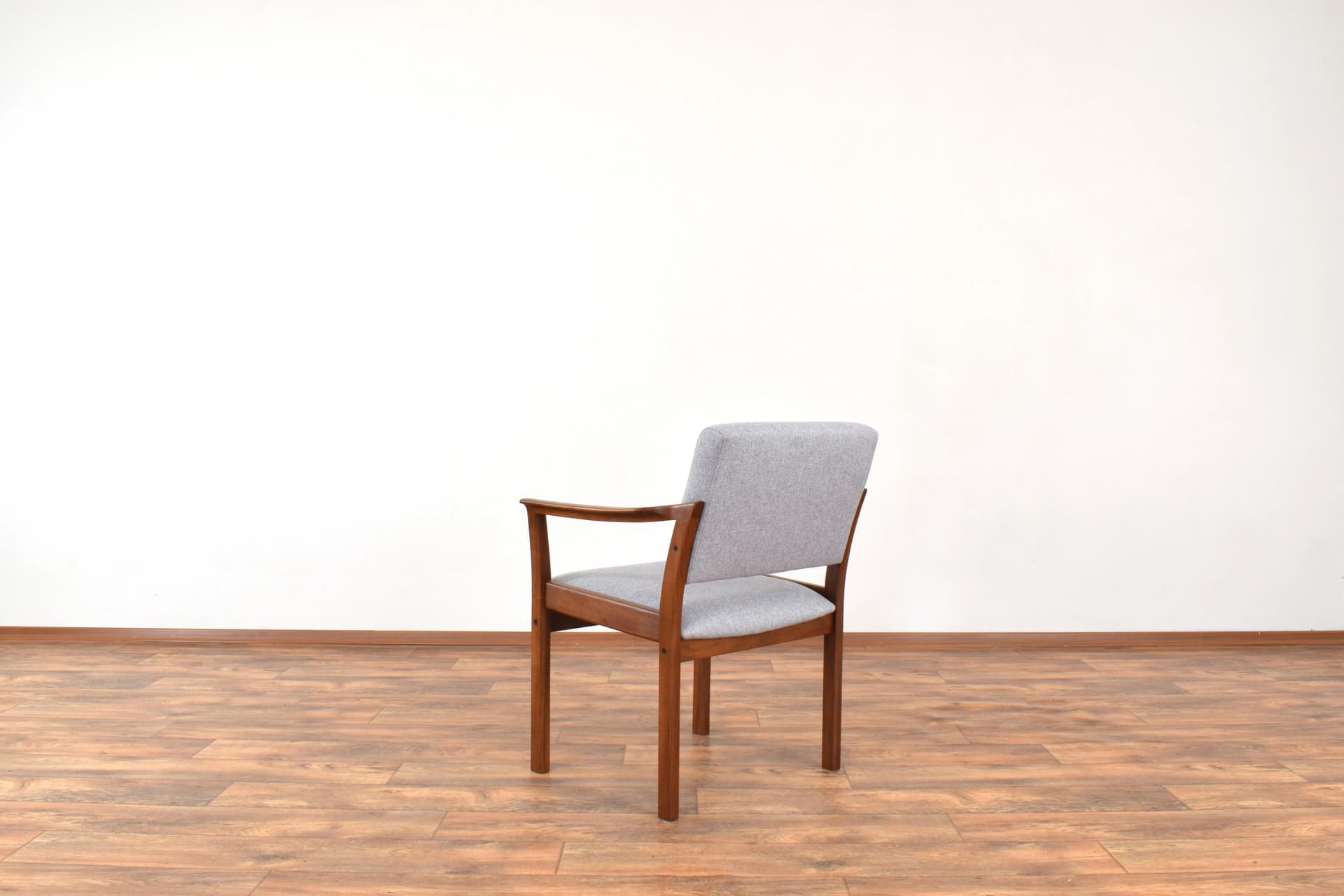 Pair of armchairs, cherry wood brown, grey fabric, Denmark, 1970s. - 315973