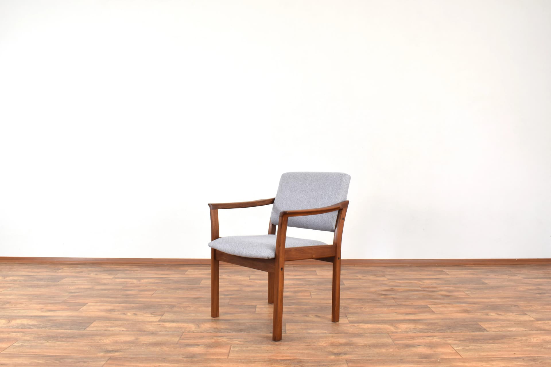 Pair of armchairs, cherry wood brown, grey fabric, Denmark, 1970s. - 315972