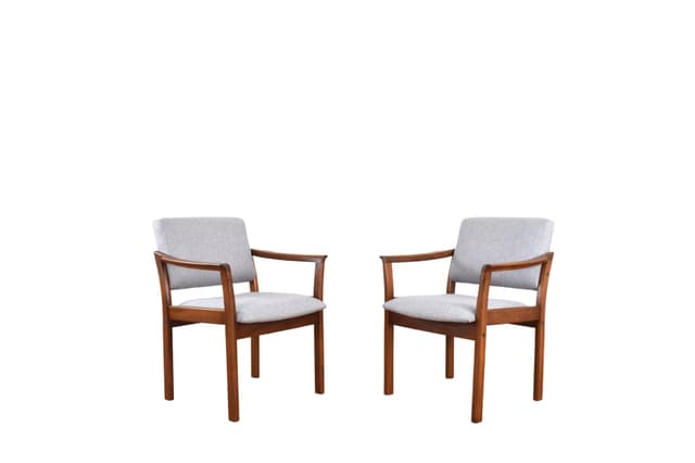 Pair of armchairs, cherry wood brown, grey fabric, Denmark, 1970s. - DIMENSION