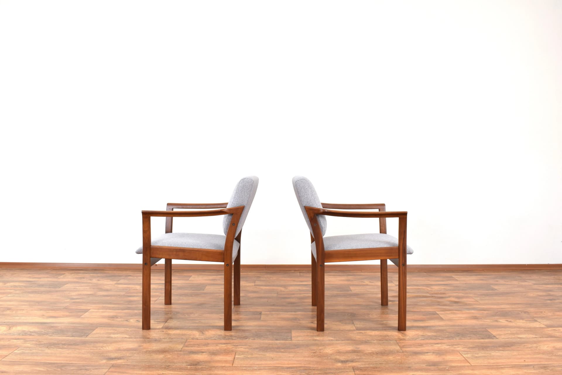 Pair of armchairs, cherry wood brown, grey fabric, Denmark, 1970s. - 315976