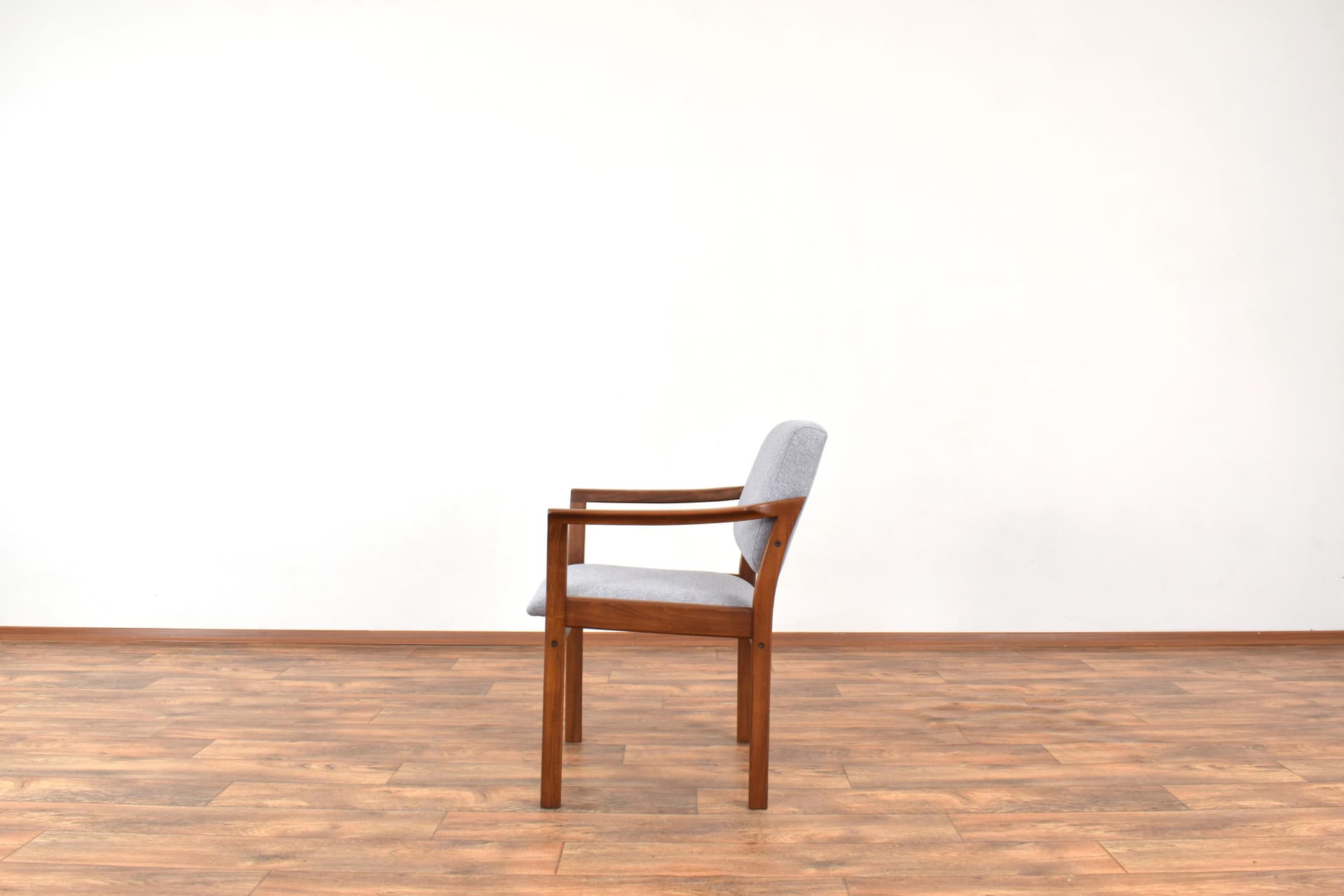Pair of armchairs, cherry wood brown, grey fabric, Denmark, 1970s. - 315975