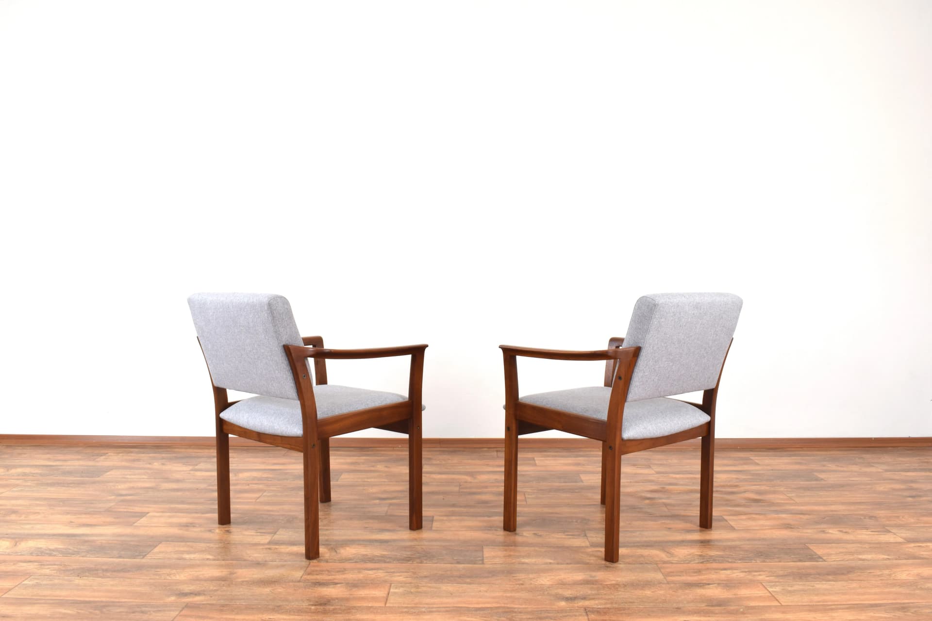 Pair of armchairs, cherry wood brown, grey fabric, Denmark, 1970s. - 315977