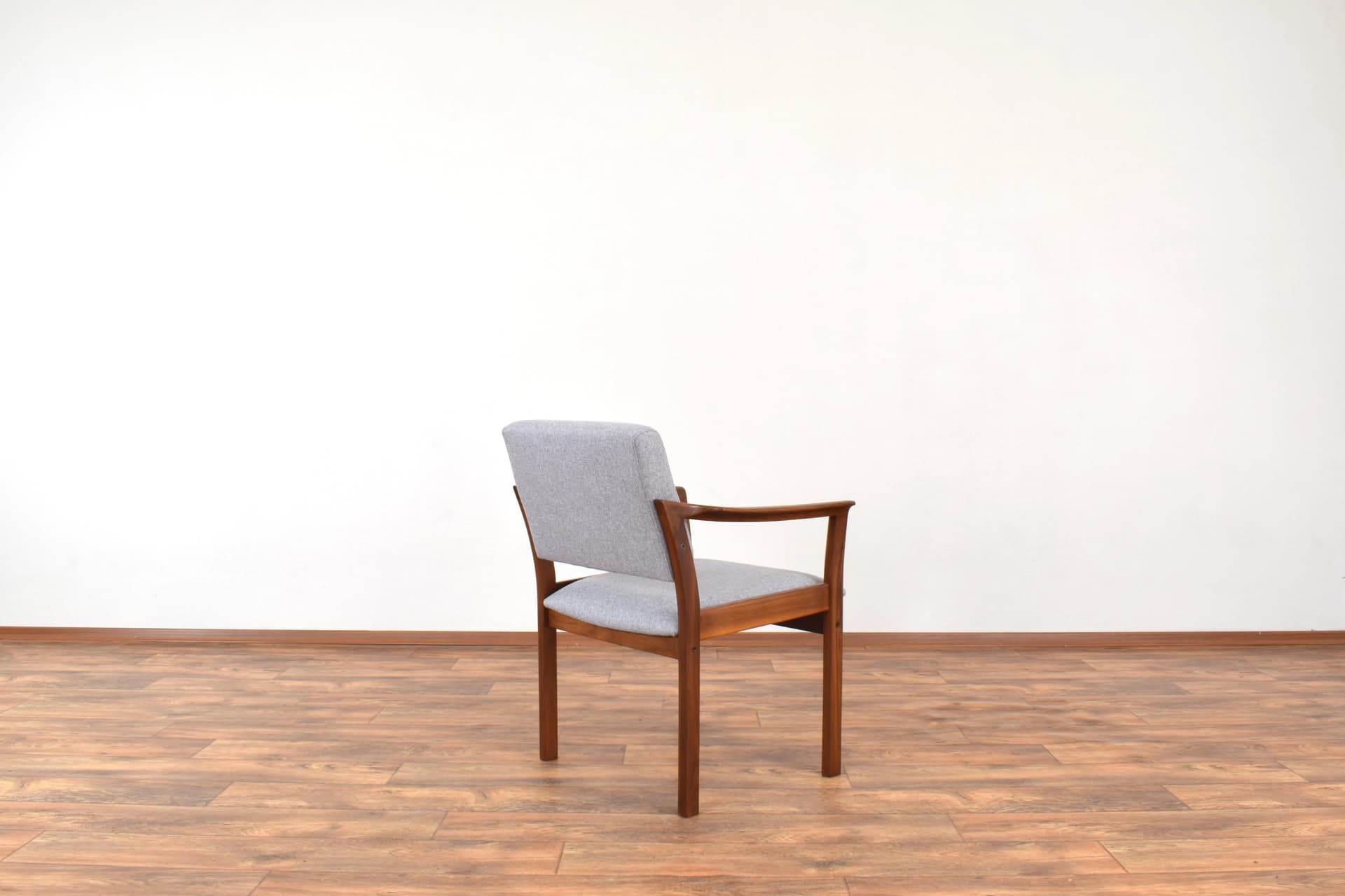 Pair of armchairs, cherry wood brown, grey fabric, Denmark, 1970s. - 315974