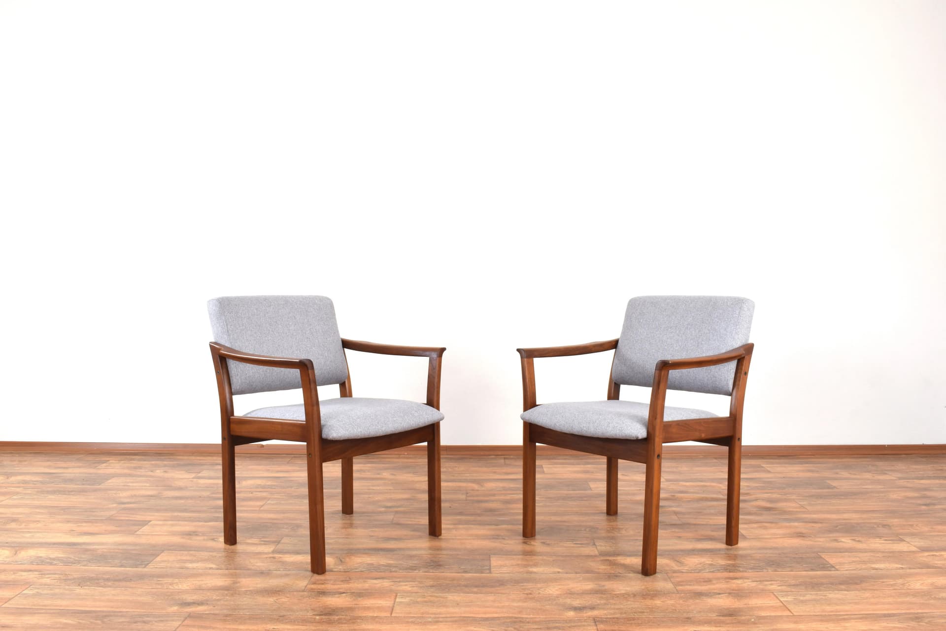 Pair of armchairs, cherry wood brown, grey fabric, Denmark, 1970s. - 315971