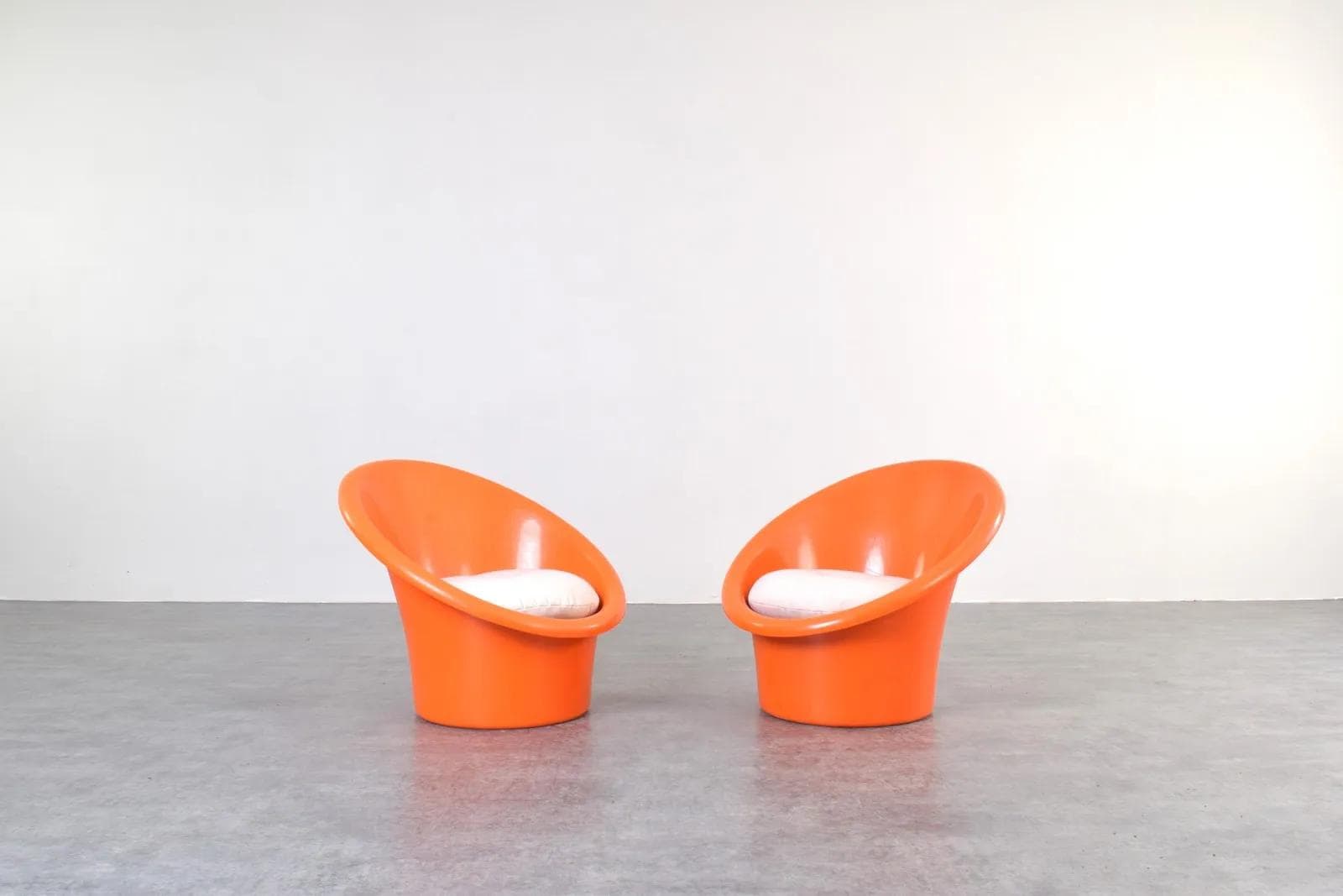 Para foteli Skopa, plastik pomarańczowy, bawełna beżowa, proj. O. Gjerløv-Knudsen & T. Lind, Ikea, Szwecja, lata 70. - 315839