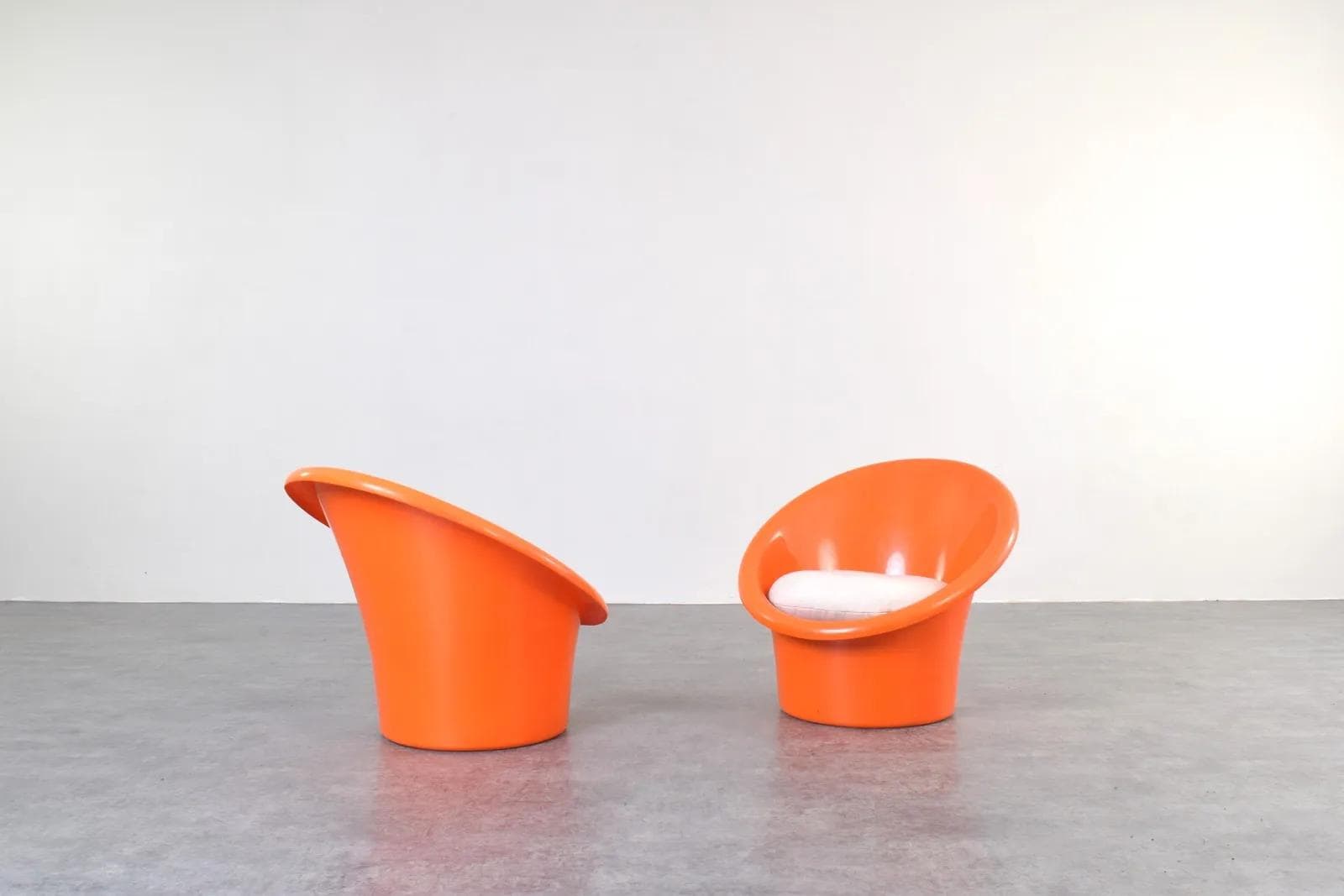 Para foteli Skopa, plastik pomarańczowy, bawełna beżowa, proj. O. Gjerløv-Knudsen & T. Lind, Ikea, Szwecja, lata 70. - 315835