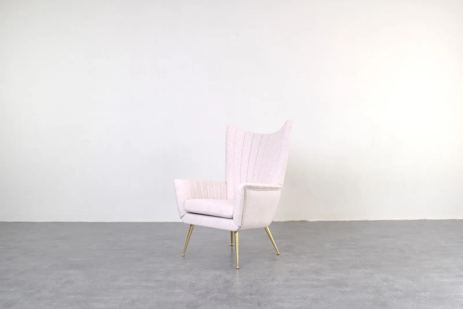 Armchair Wingback, beige wool, gold metal, Italy, 1960s. - 315823